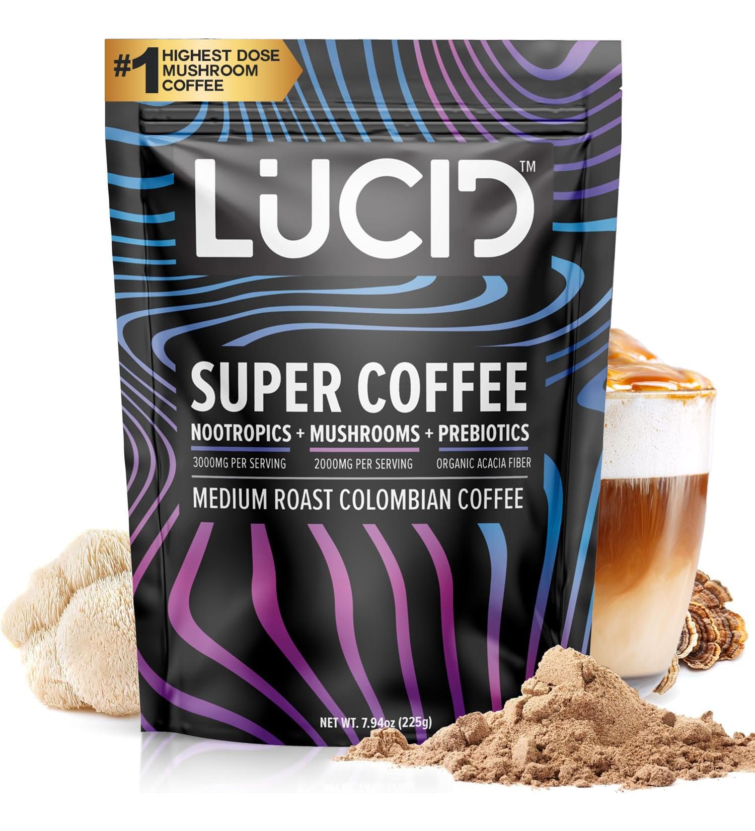 Lucid Superfood Organic Mushroom Coffee with Nootropics - Lion's Mane Tremella Cordyceps & Turkey Tail - Instant Mushroom Coffee Focus Brain Health - Alpha GPC L-Theanine Ginko Biloba - USA Made Coffee 7.94 Ounce (Pack  - Buy Online on GoSupps.com