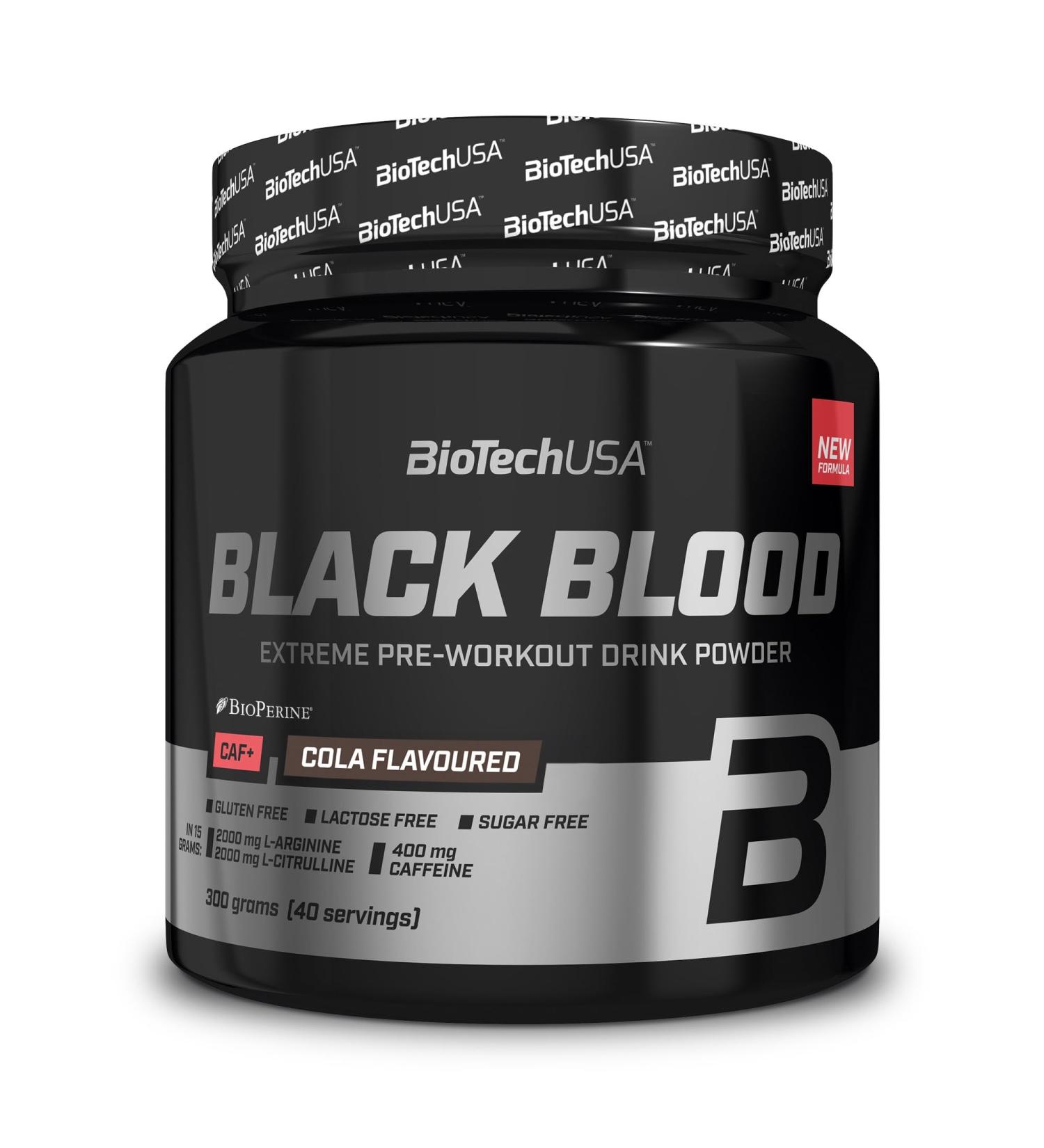 Biotechusa Black Blood Caf+ Preawobout Beverage powder with 12 active ingredients and 200mg caffeine per portion- sugar lactose and gluten-free 300 g cola_