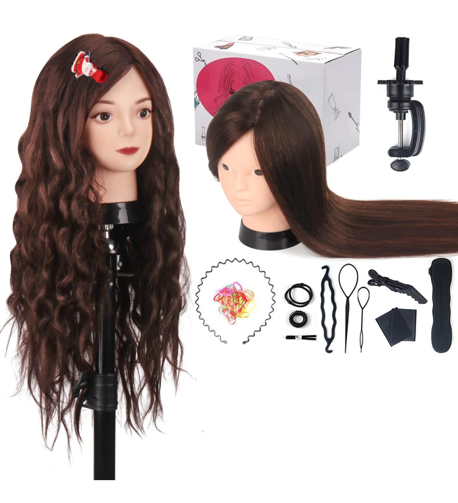 Beauty Star 23.5 Mannequin Head with 80% Real Human Hair + Table Clamp Holder & DIY Hair Styling Set - Dark Brown - Buy Online on GoSupps.com