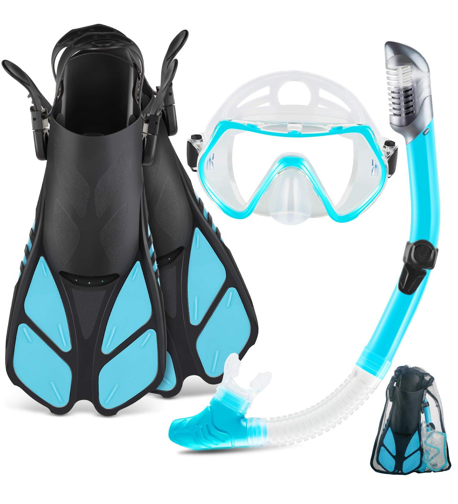 ZEEPORTE Adult Snorkeling Gear Set - Panoramic View Diving Mask, Trek Fin, Dry Top Snorkel - Blue SM - Buy Online on GoSupps.com