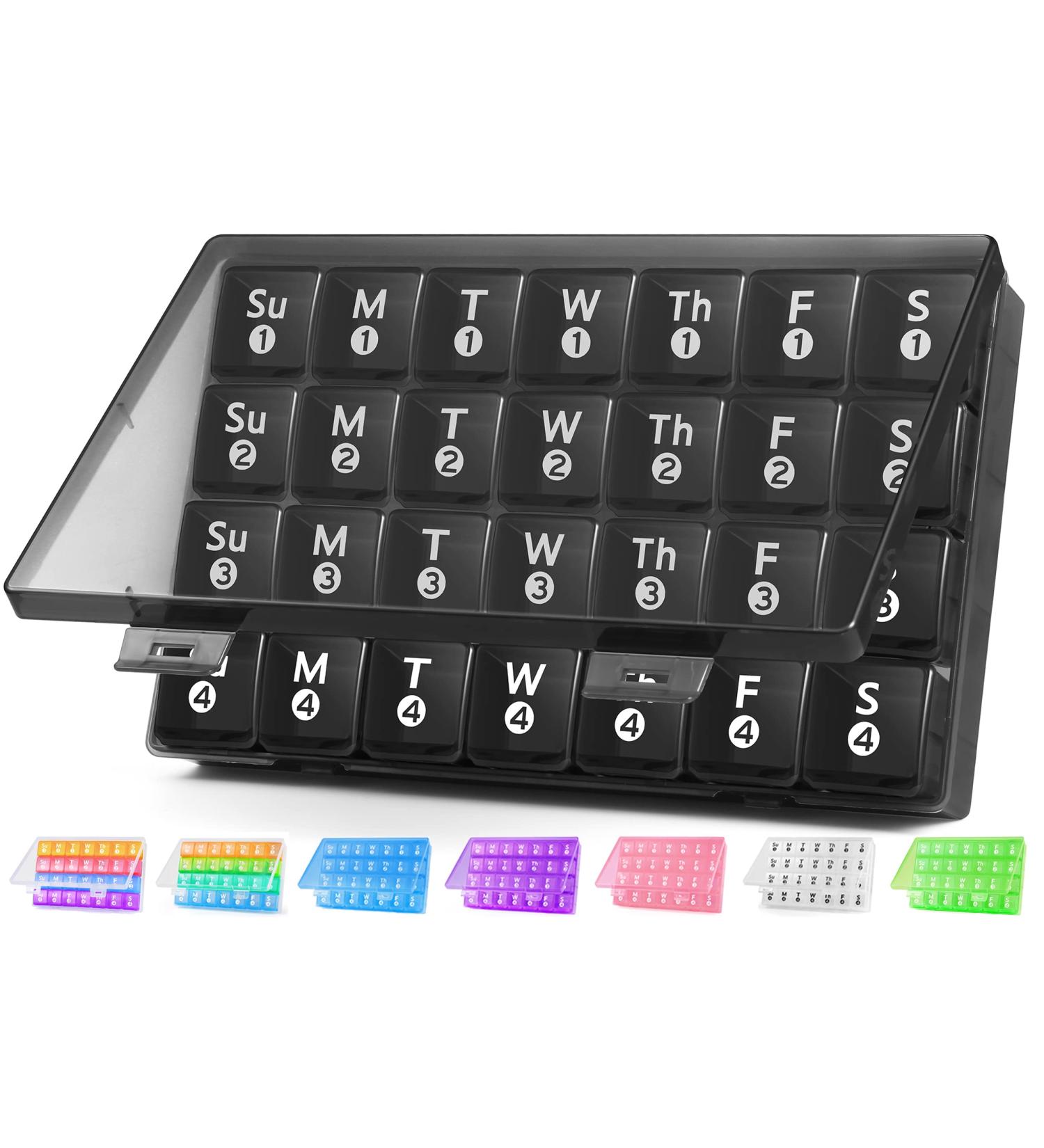 Large 28-Day Monthly Pill Organizer - Travel Friendly 4 Week Pill Box for Vitamins & Supplements - Black - Buy Online on GoSupps.com
