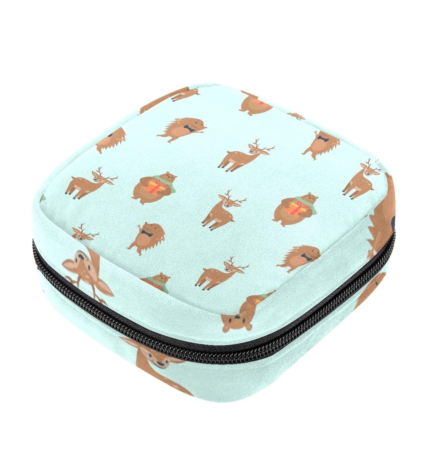 Stylish Menstruation Pad Bag with Zipper - Women's Napkin & Tampon Bag - Hedgehog & Deer Bear Patterns - Buy Online on GoSupps.com