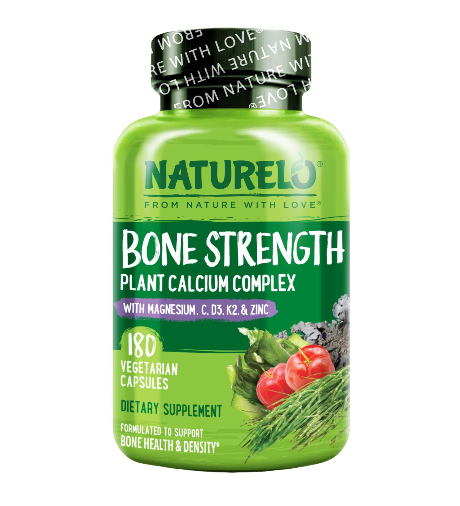 NATURELO Bone Strength Supplement - Plant-Based Calcium, Magnesium, Potassium, Vitamin D3, VIT C, K2 - 180 Vegan Capsules - Buy Online on GoSupps.com