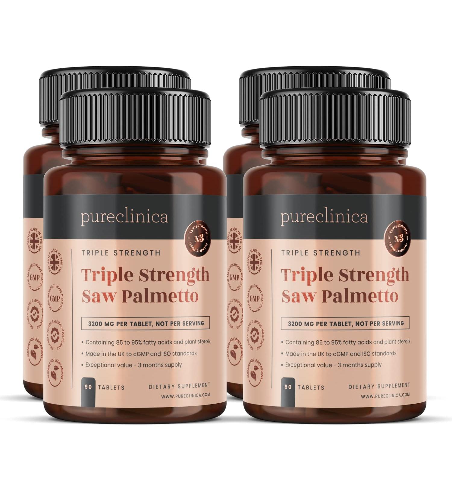 Buy PureCllinica Saw Palmetto 3200mg - 360 Tablets (4 Bottles) - 12-Month Supply - 95% Fatty Acids - Strong & Effective Formula - Buy Online on GoSupps.com