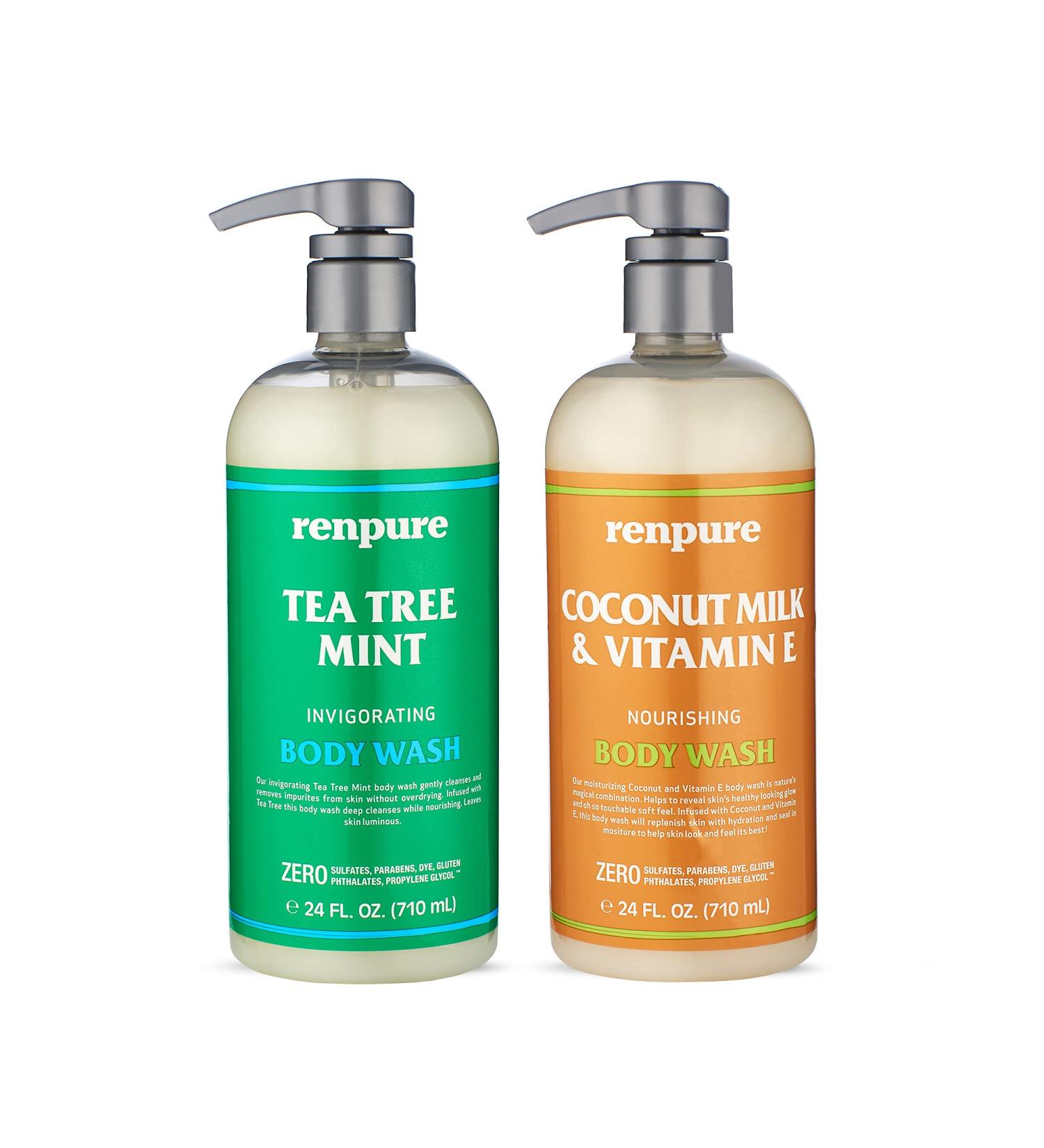 Renpure LLC Tea Tree Mint Oil & Coconut Vitamin E, Sulfate Free Moisturizing Body Wash For Dry Sensitive Skin, Antibacterial Body & Hand Soap For Men Women Kids & Toddlers, White, 24 Oz Coconut Vitamin E & Tea Tree 2