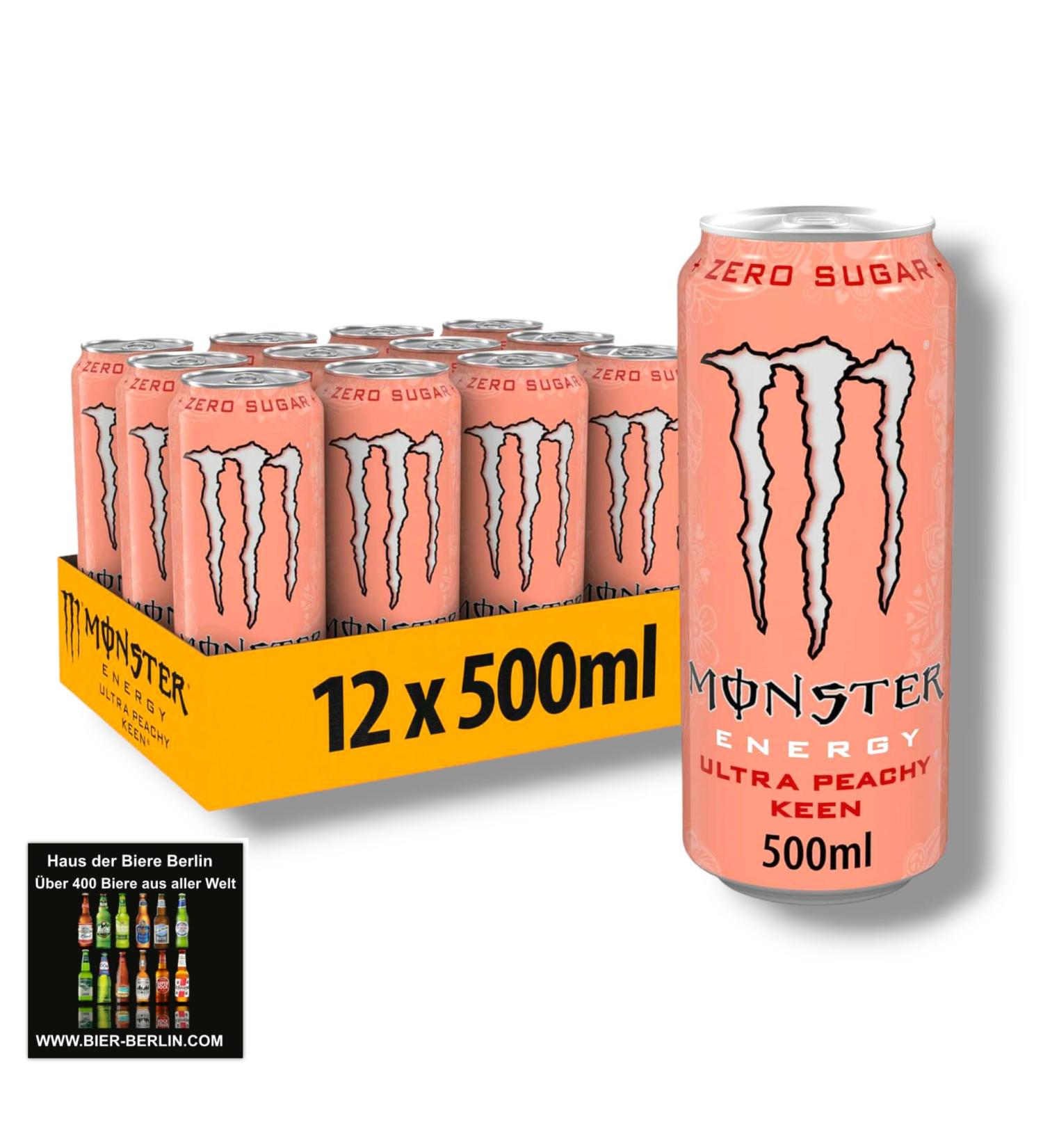  Bier Monster Energy Ultra Peachy Keen - Zero Sugar Energy - Pack of 12 x 500ml cans - Coasters with Berlin beer house - Buy Online on GoSupps.com