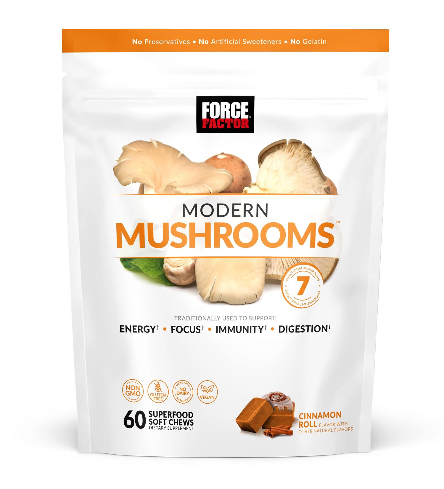 Force Factor Modern Mushrooms Soft Chews - Energy, Focus, Immunity & Digestion Support with Cordyceps, Turkey Tail, Chaga, Reishi & Lion's Mane - Cinnamon Roll Flavor | 60 Chews - Buy Online on GoSupps.com