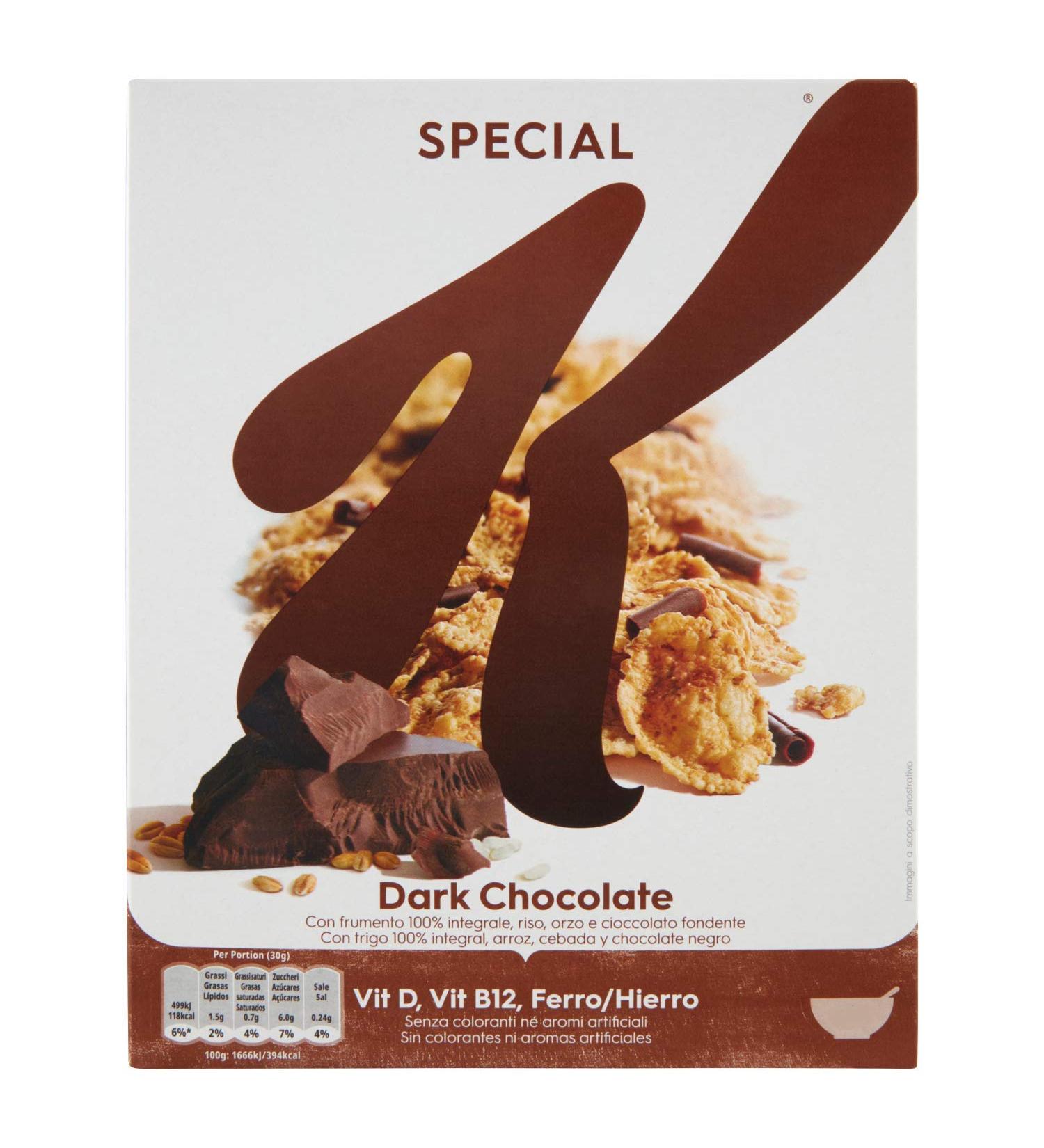 Kellogg's Kelloggs Special K Dark Chocolate Fiocchi di Riso Grains Whole wheat and barley rice flakes with vitamins and minerals with chocolate curls 290g grain flakes