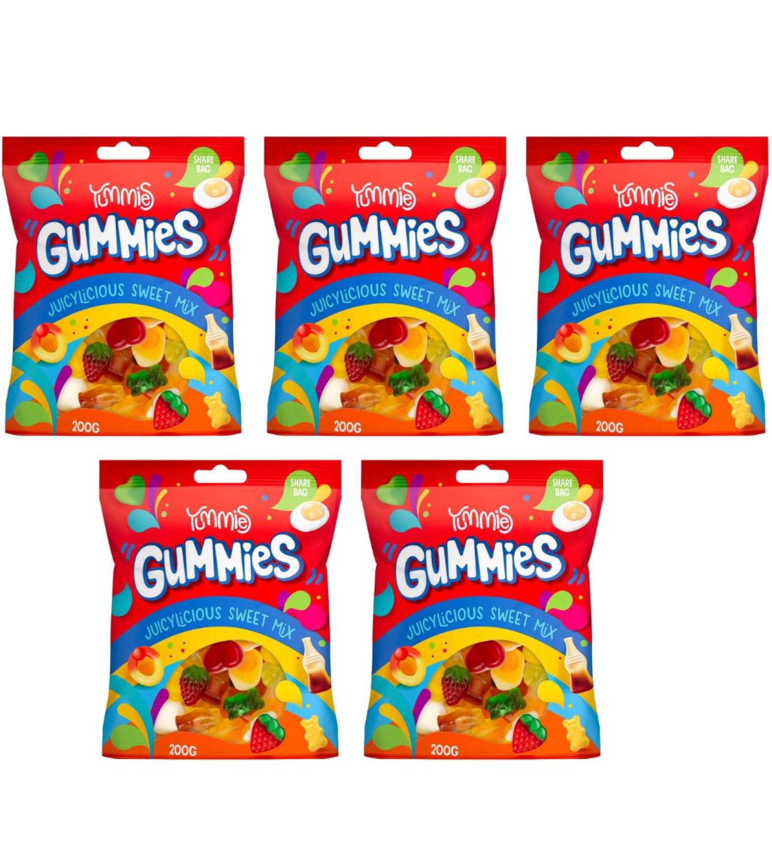 5PK x 200g - Yummies Gummies Juicylicious Sweet Mixs - So Deliciously Juicylicious Treats - Mix Sweets for Party - Candy Sweet Gummies - Lover's Jelly Sweets For Kids