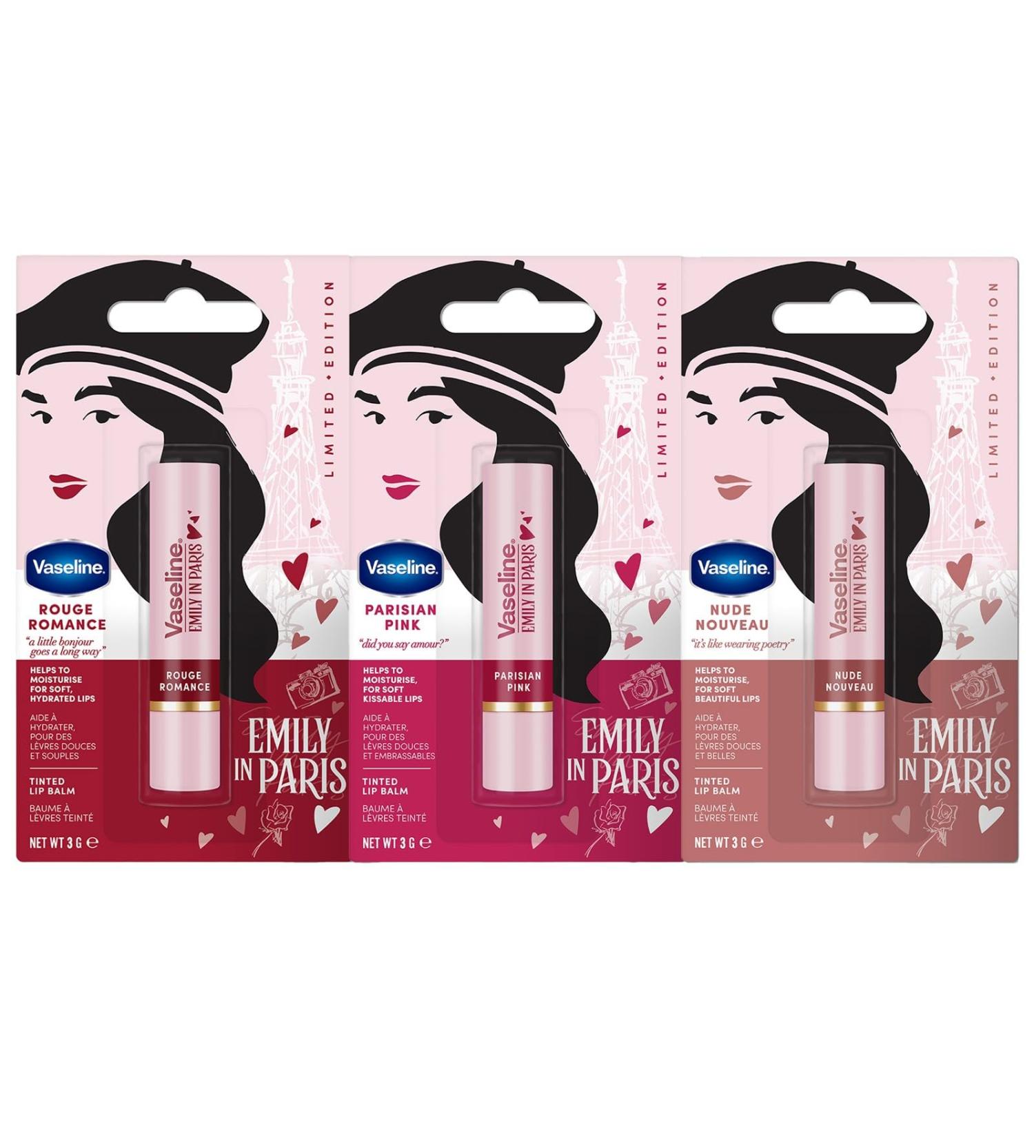 Vaseline x Emily in Paris | Tinted Lip Balm Set of 3 Sticks | Limited Edition | (Nude Nouveau Parisian Pink & Rouge Romance) - Buy Online on GoSupps.com