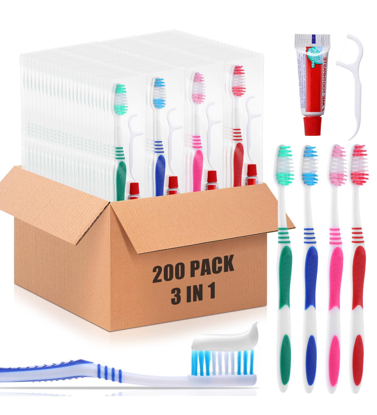 Yaomiao 200 Pack Disposable Toothbrushes with Toothpaste & Dental Floss - Bulk Travel Kit for Hotels Nursing Homes & Charities - Individually Wrapped 4 Colors - Buy Online on GoSupps.com