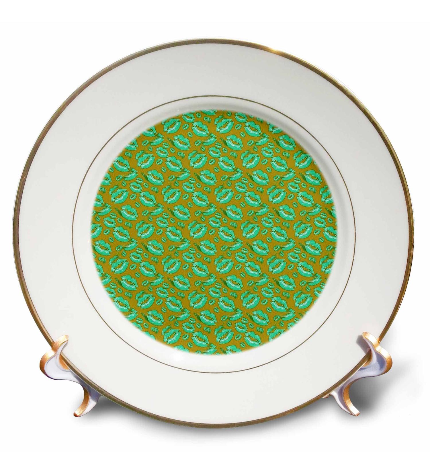3dRose 8 inch Porcelain Plate - Two Kisses Collided Lip Affectionate Aqua Colored Lips Pattern Pattern - Lipstick Kisses