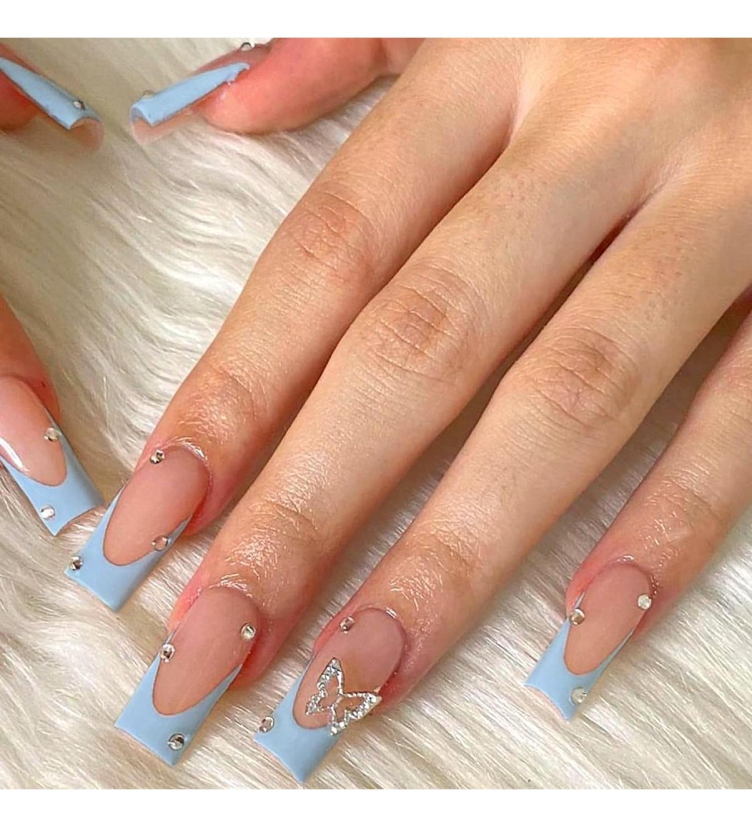 Buy Kotkiddy 24pcs Black French Tip Press-On Nails | Butterfly Rhinestone Coffin Fake Nails | Glossy Full Cover Stick-On Nails (Blue) - International Shipping - Buy Online on GoSupps.com