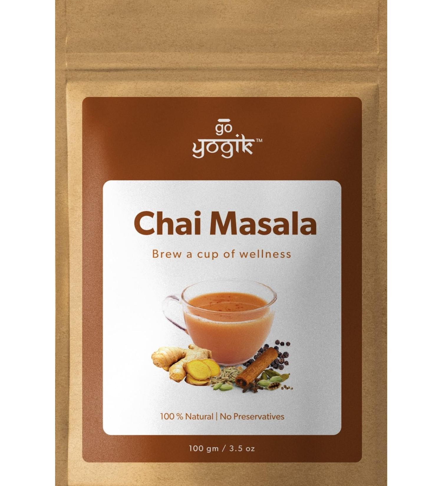 Go-Yogik Chai Tea Powder (100g) - Herbal Blend of 6 Super Spices | Caffeine-Free, Vegan, Gluten-Free, Unsweetened | 80 Servings - Buy Online on GoSupps.com