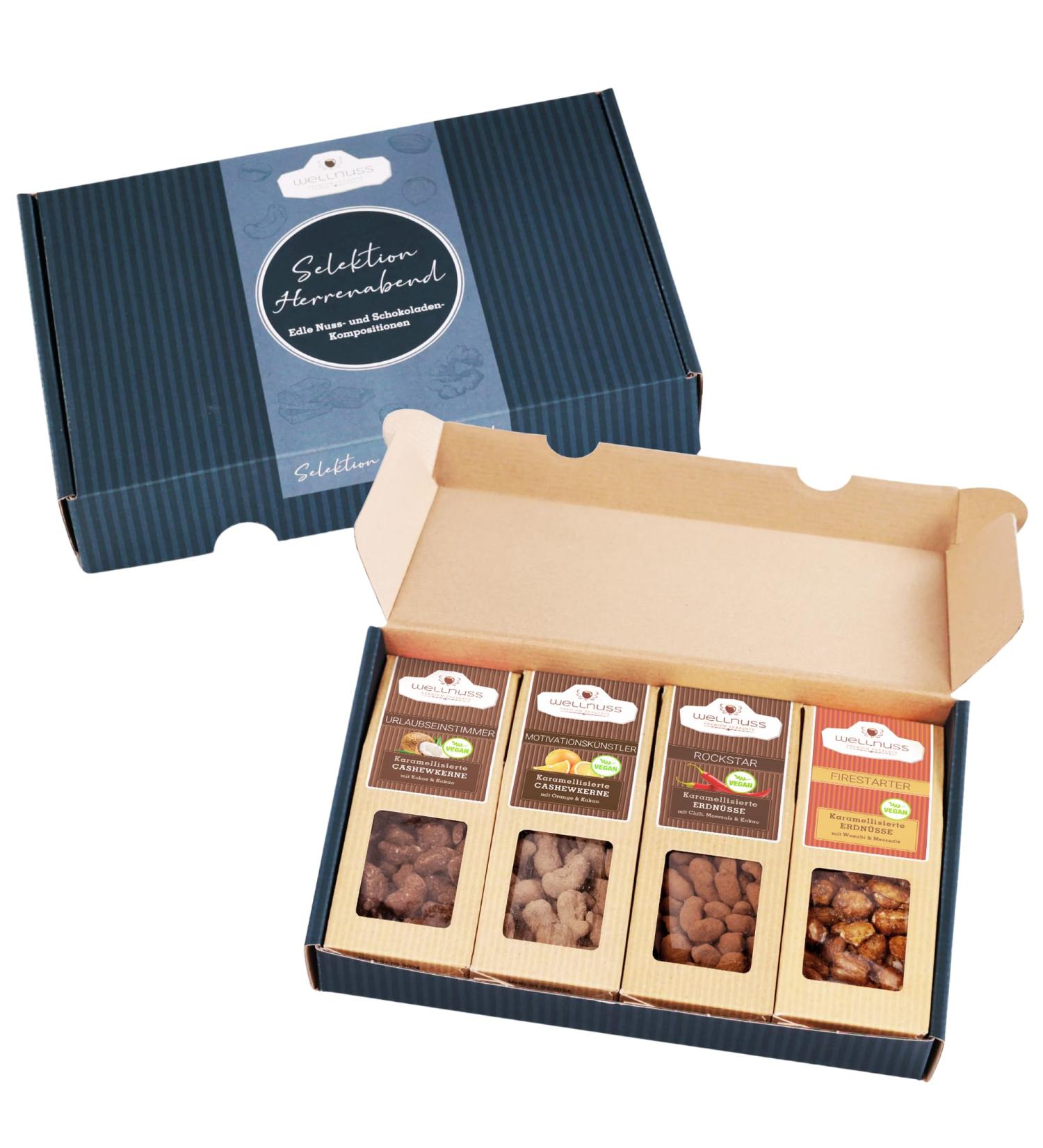 Men's Evening Gift Set | Vegan Caramelized Nuts - 4 Premium Snacks | Perfect Gift for Dad Brother or Grandpa - Wellnut Premium Present - Buy Online on GoSupps.com