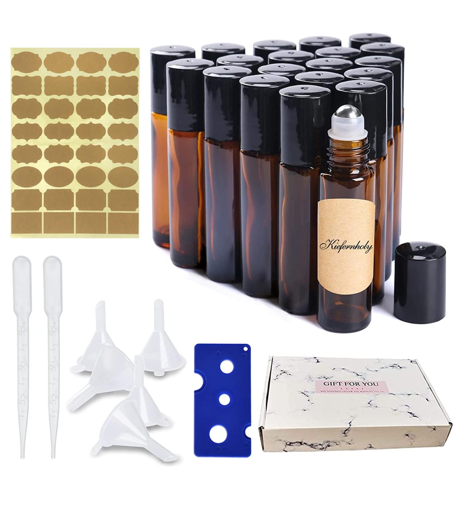 Shengo 10ml Roll-On Glass Bottles Set | 20 Essential Oil Bottles with Funnel Syringe & Sticker - Perfect for DIY | International Shipping - Buy Online on GoSupps.com