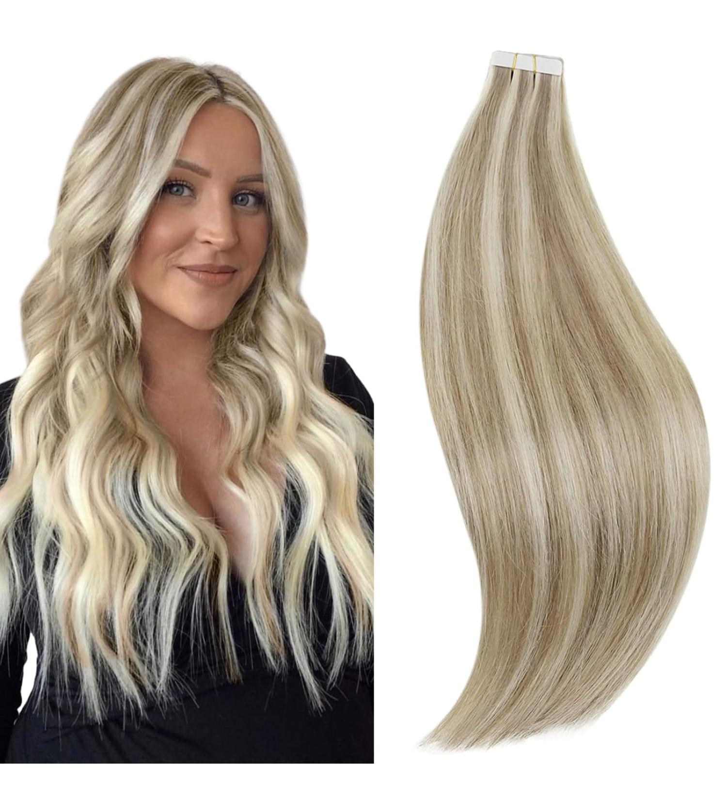 RUNATURE Ash Brown Highlight Platinum Blonde Tape in Hair Extensions | Human Hair Blonde Tape Extensions | Straight 12 Inch 30g | #8P60 - Buy Online on GoSupps.com