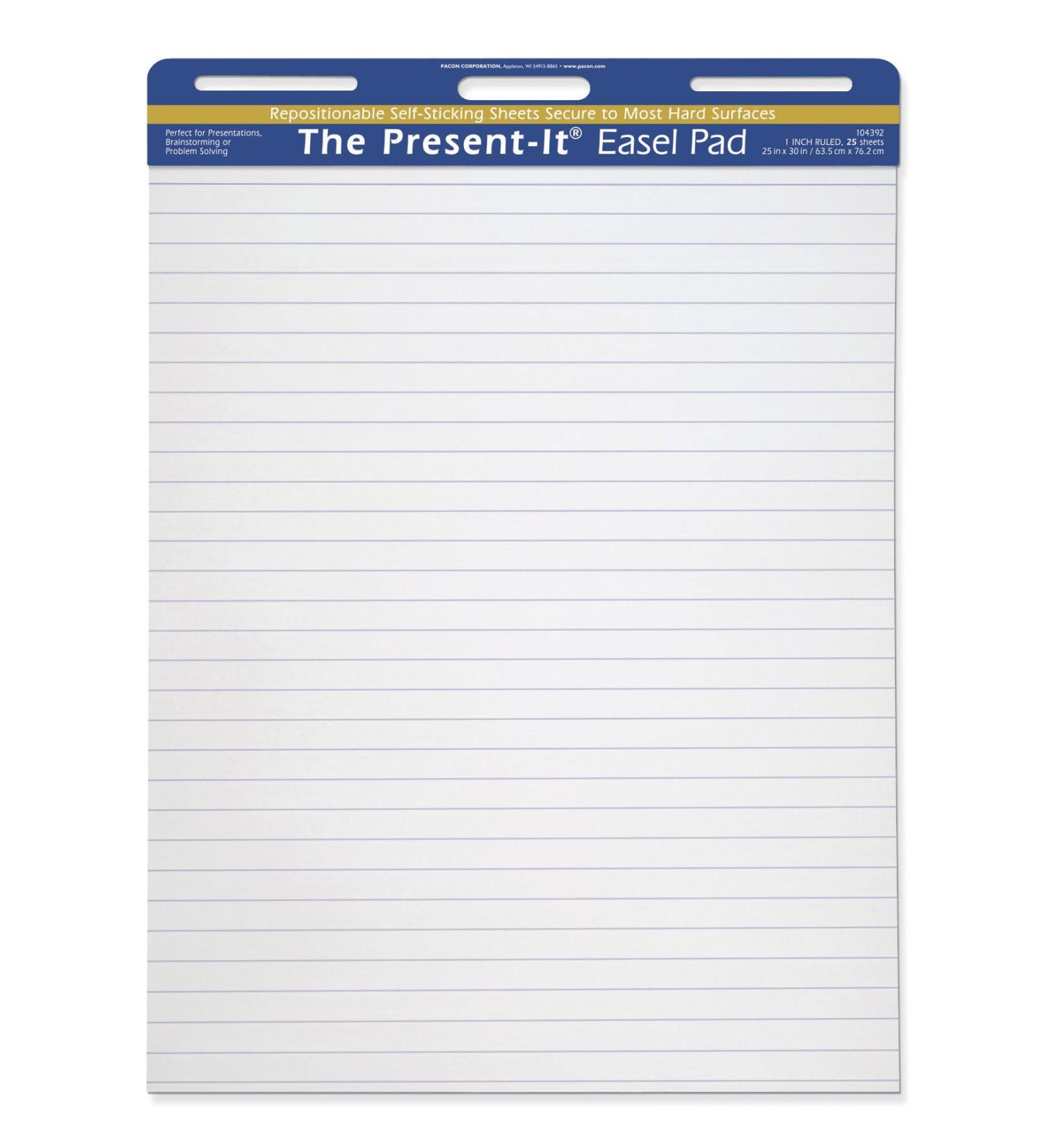 Present It Pacon The Easel Pad, Self-Adhesive, White, 1" Ruled 25" x 30", 25 Sheets