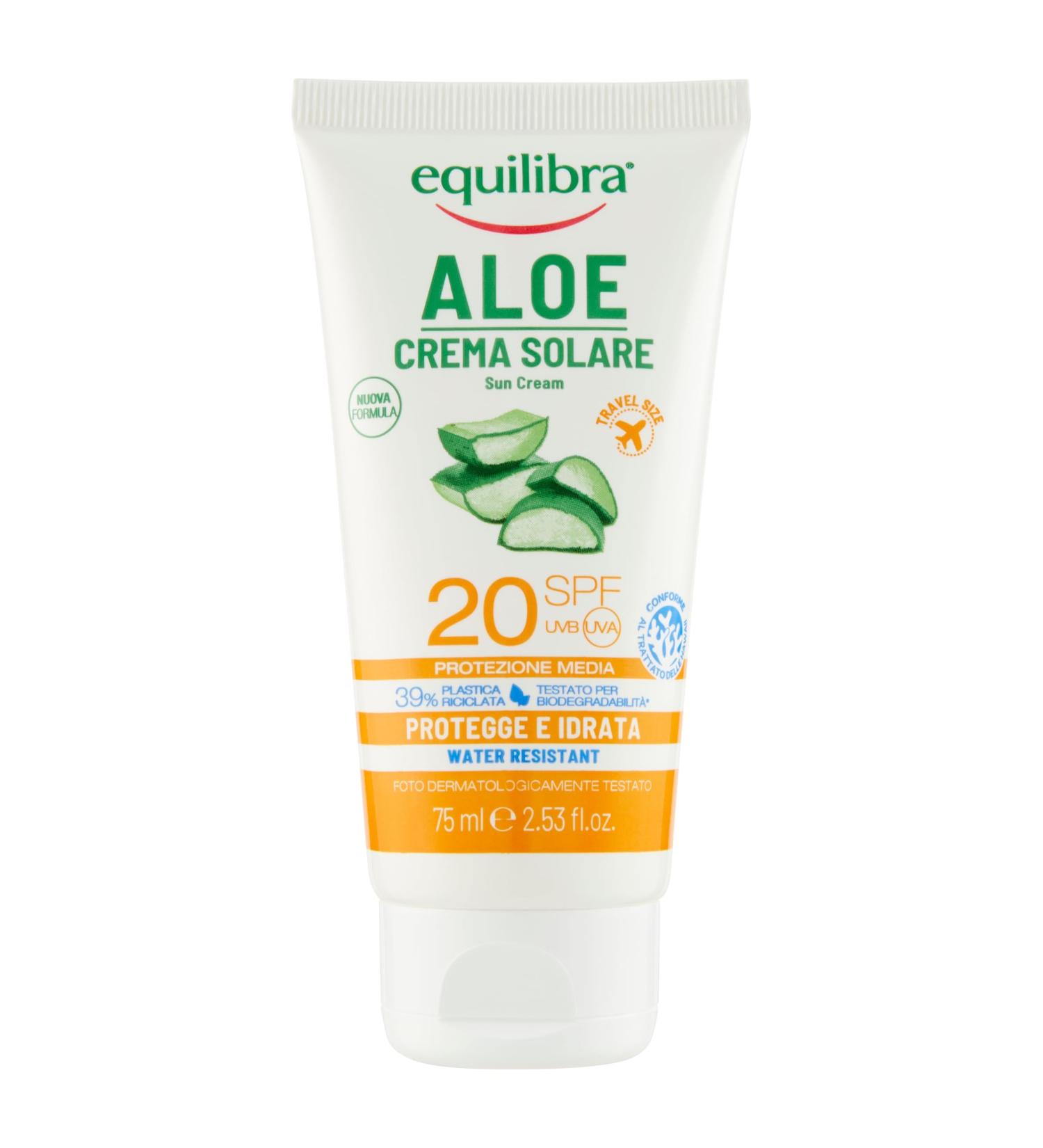 Equilibra equilibra Solari Aloe Sun Cream SPF 20 Voyage Size with Aloe Vera Vitamin C and E Argan Oil Coconut Oil and Shea Butter for a Healthy Natural Tan Water Resistant 75