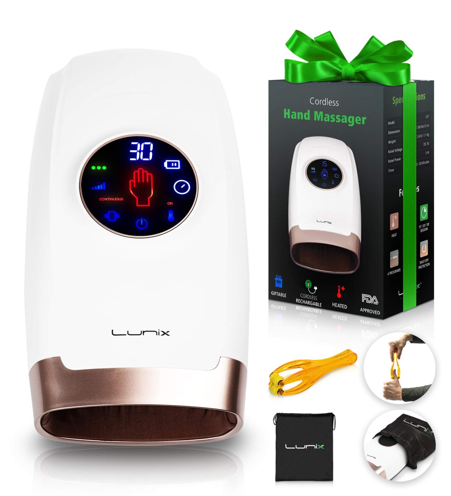 Lunix LX7 Touchscreen Electric Hand Massager for Arthritis Pain Relief - Shiatsu Massage Machine with Compression Therapy and Heat - White - Buy Online on GoSupps.com