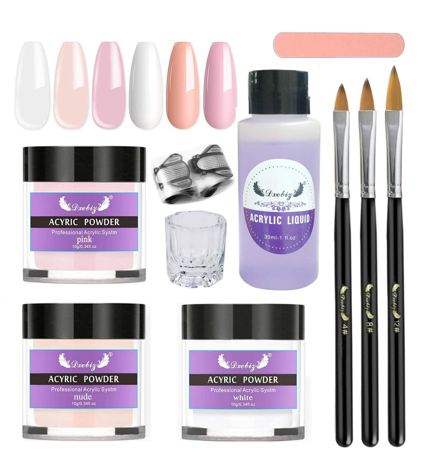 Acrylic Nail Kit for Beginners - White Pink Nude Acrylic Powder Set with Liquid for Nail Extension Carving - Includes Acrylic Nail Brush - Home Use - Buy Online on GoSupps.com