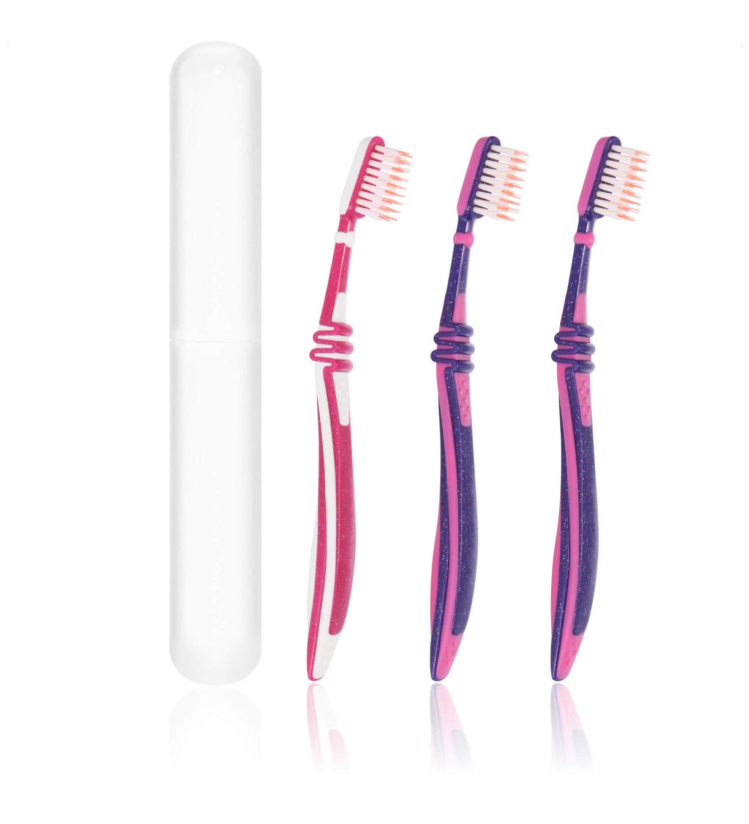 Com-Four 4-Part Set Kids Toothbrushes with Etui | Soft Bristles Ball Joint & Suspension | Purple-Pink/White-Pink - International Shipping Available - Buy Online on GoSupps.com