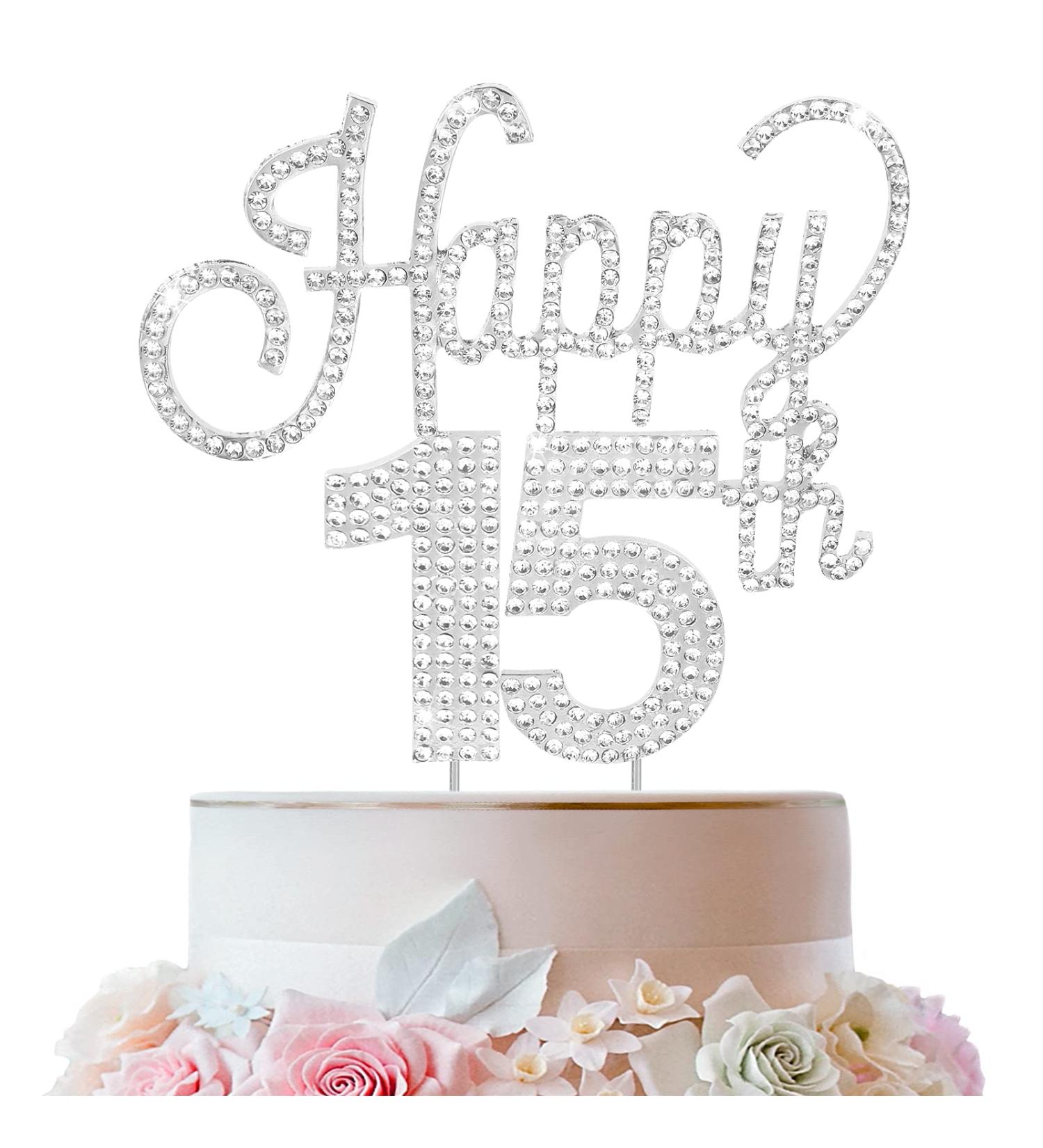 LINGTEER Happy 15th Birthday Silver Rhinestone Cake Topper - Cheers to 15th Birthday Party Decorations - Buy Online on GoSupps.com