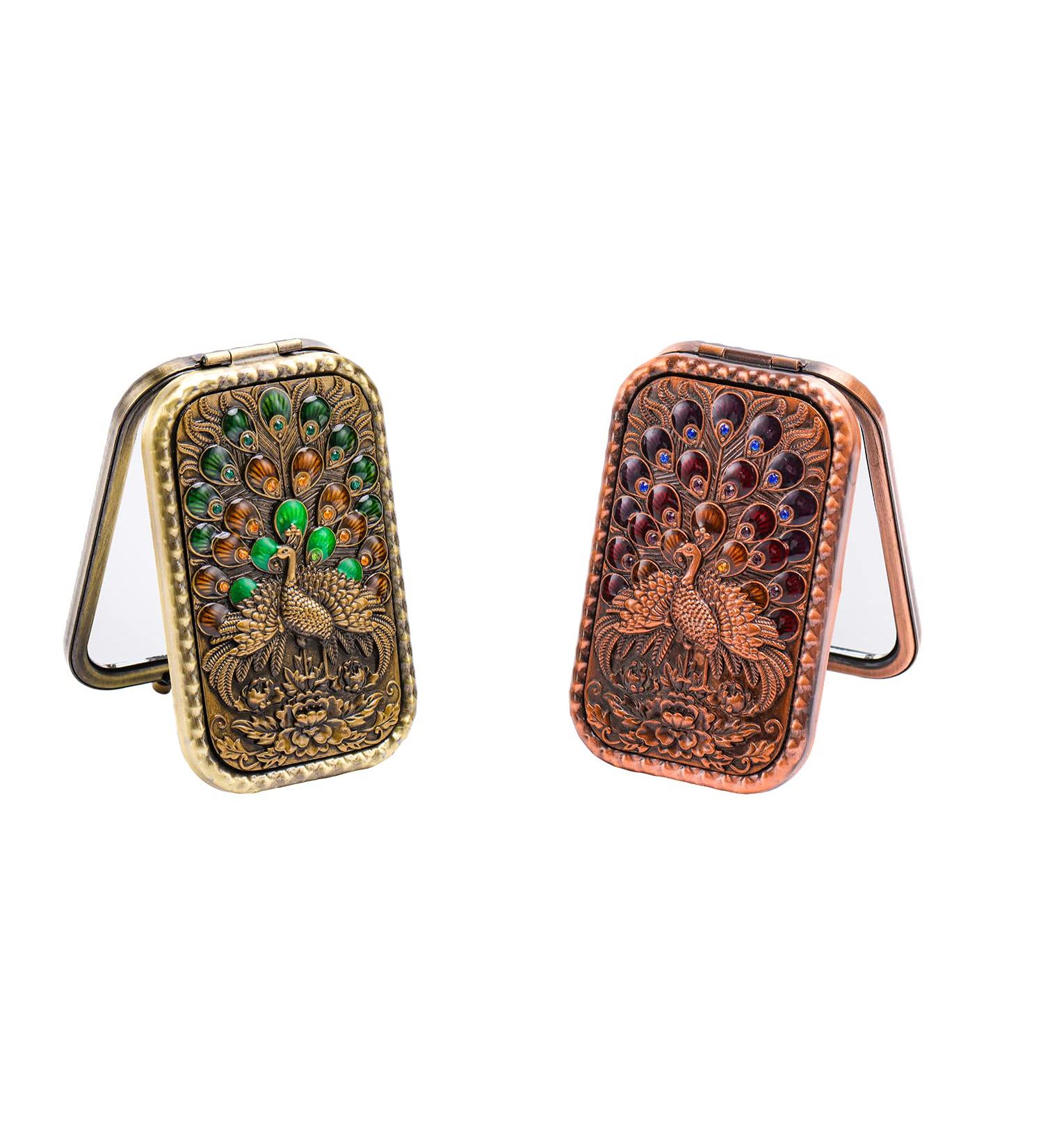 Vintage Peacock Vanity Mirror Set - Double Sided Compact Makeup Mirror - Portable Foldable Metal Mirror - Travel Friendly - Warmtree 2 Pcs - Buy Online on GoSupps.com