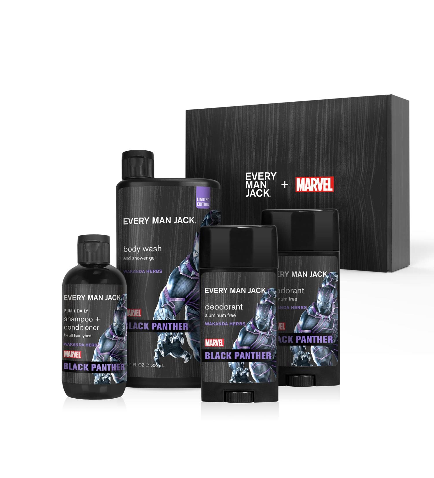 Every Man Jack Black Panther Body Set - Marvel-Inspired Bath and Body Gift Set for Men - Clean Ingredients, Incredible Scents - Includes Body Wash, Shampoo, Deodorant - Buy Online on GoSupps.com