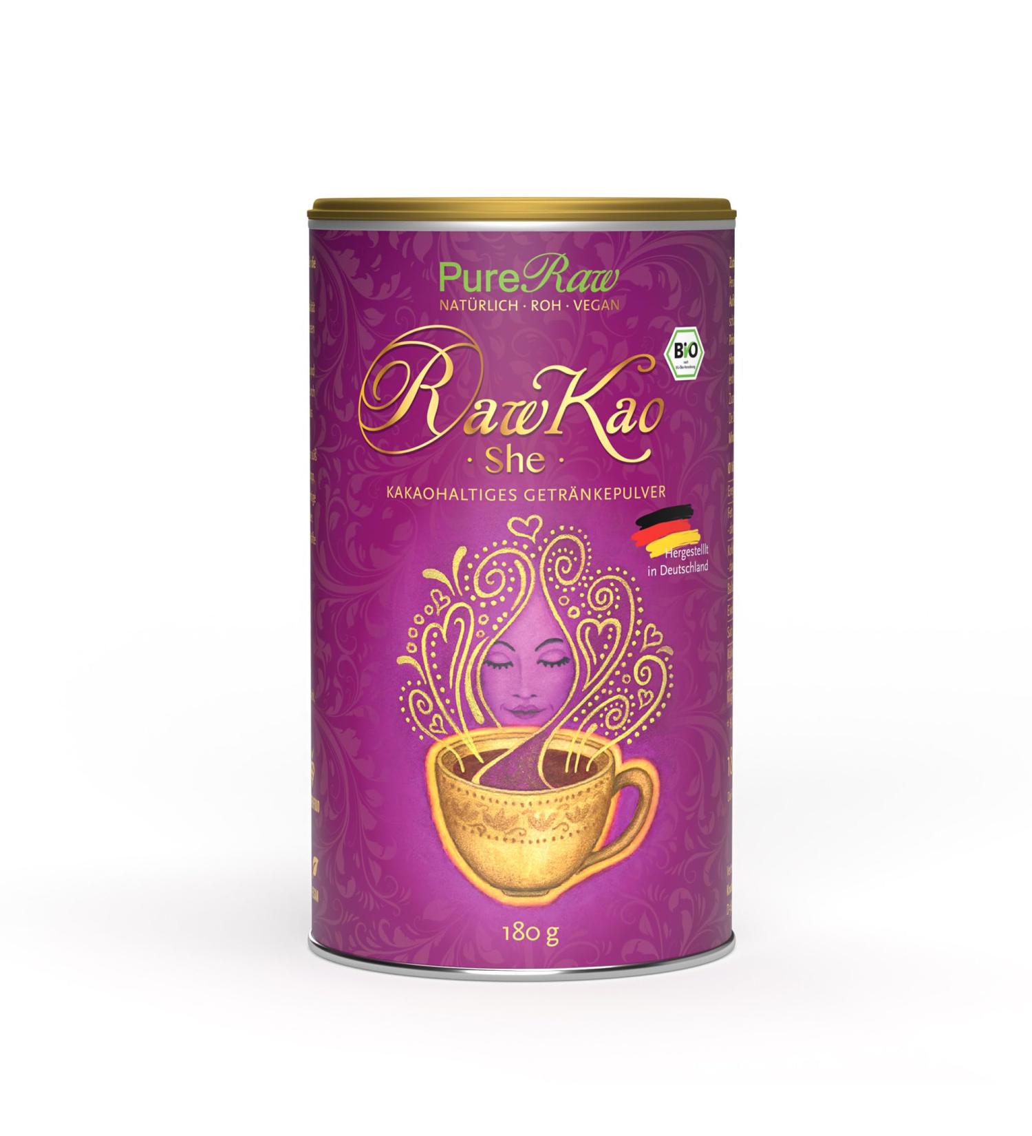 Rawkao SHE Shatavari Drinking Chocolate Powder | Organic Raw Vegan Moon Milk Beverage | Sugar-Free Hot Chocolate & Coffee Replacement | 480g Energy Drink for Women - Pureeraw - Buy Online on GoSupps.com