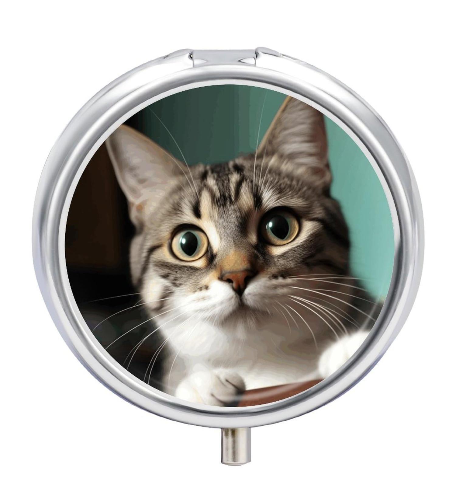 Curious Cat Print Round Pill Box - 3 Compartment Decorative Metal Organizer for Traveling | Ideal Pocket Pill Case - Buy Online on GoSupps.com