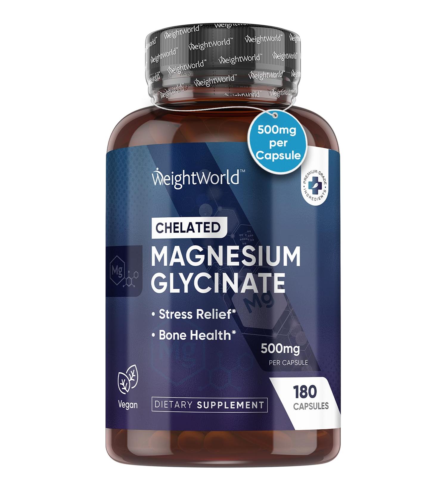 WeightWorld Pure Magnesium Glycinate 500mg - 150mg Elemental Magnesium Glycinate for Bone Health & Stress Relief - 180 Count - Vegan - Chelated Bisglycinate Capsules - GMP-Approved Non-GMO - Buy Online on GoSupps.com