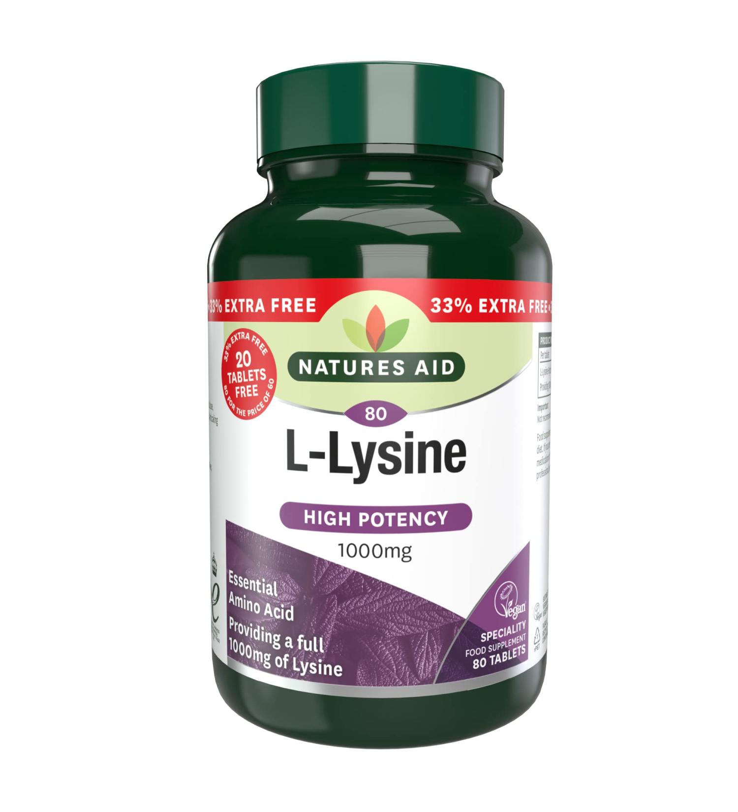 Natures Aid L-Lysine 1000mg Tablets - 80 Count - Buy Online on GoSupps.com