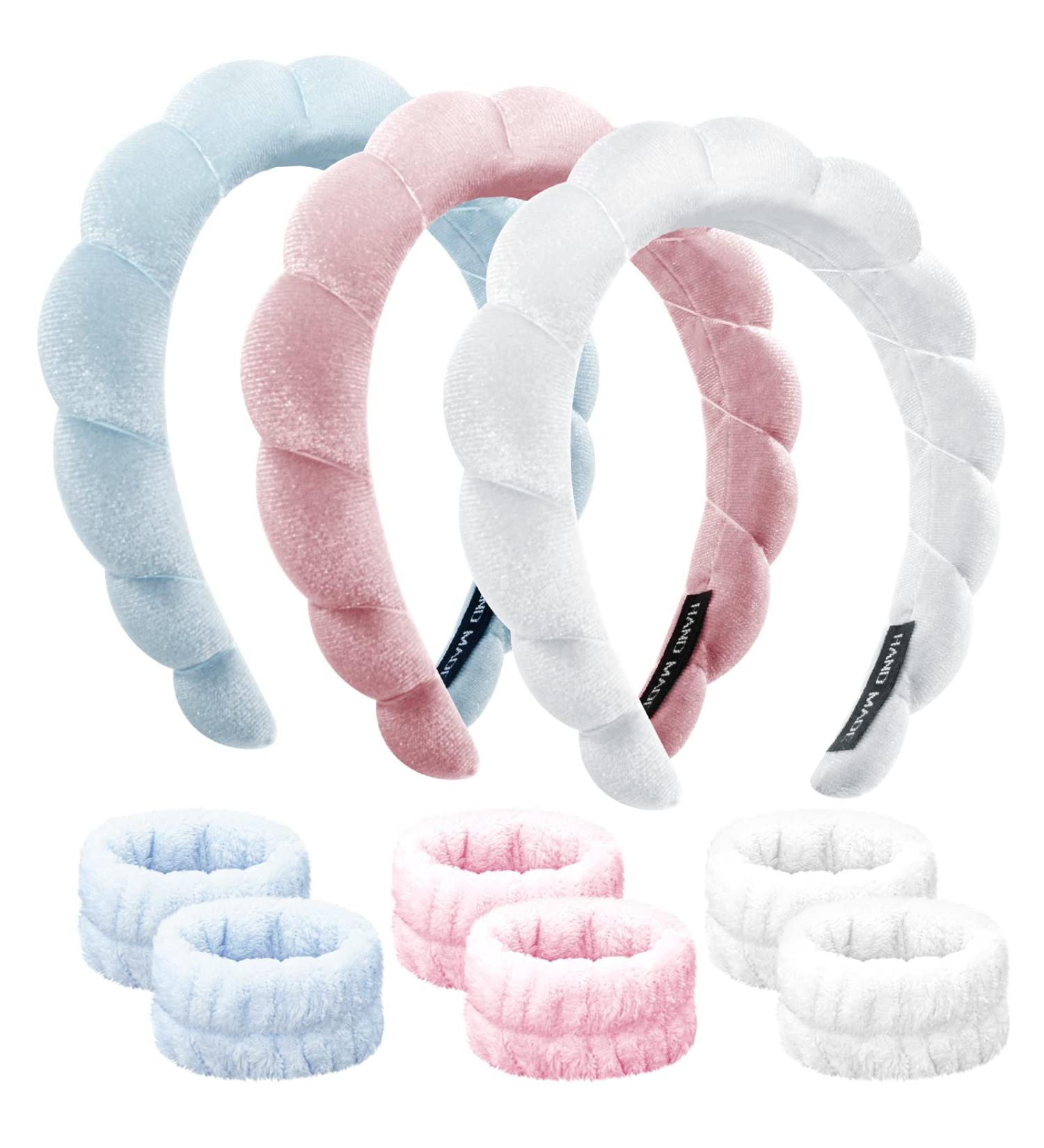 GRWN Skincare Chunky Puffy Cloud Foam Makeup Spa Headband & Wristband Set - Pink Blue White 3-Pack for Women - Buy Online on GoSupps.com