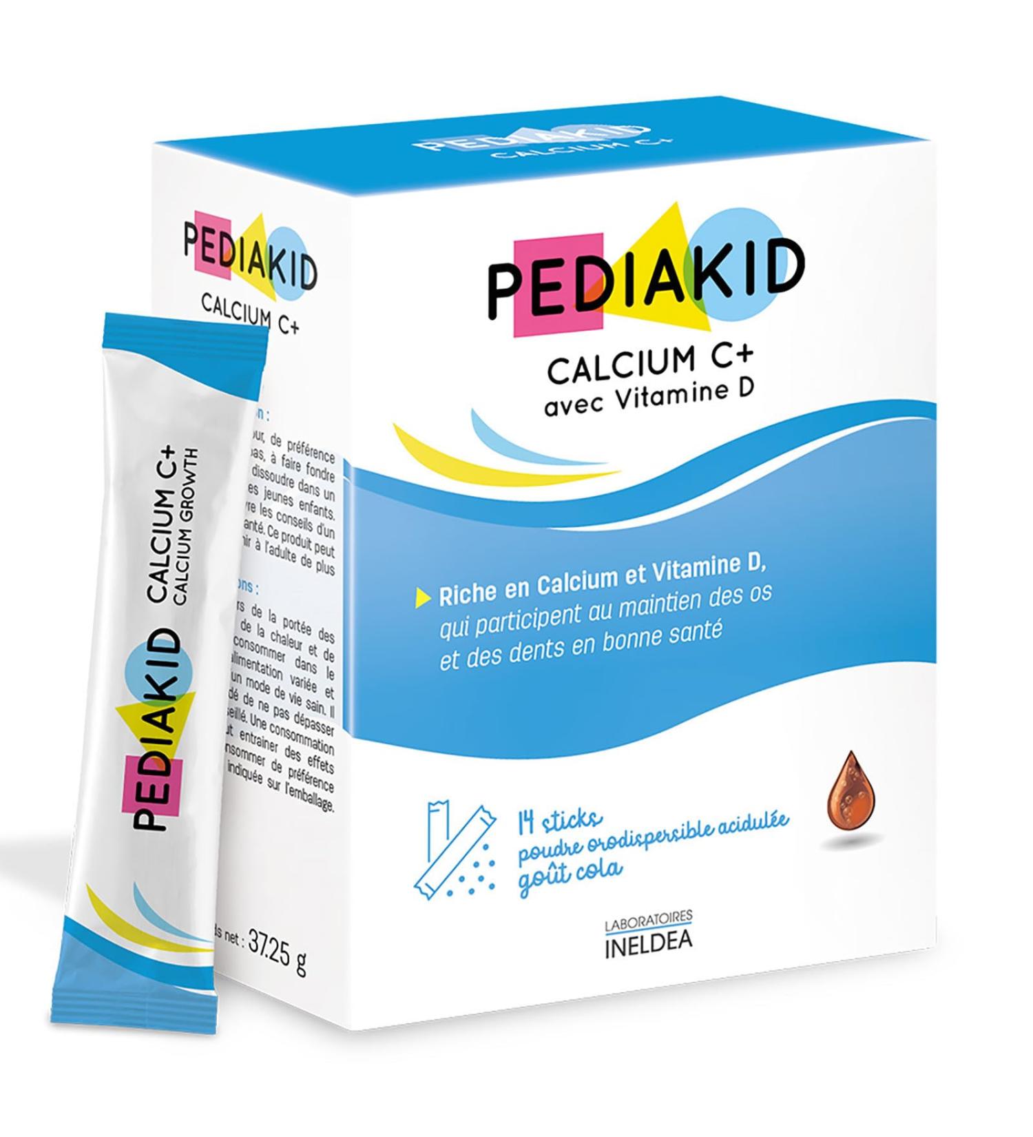 PEDIAKID - Calcium C+ and Vitamin D - Natural Food Supplement - Covers 100% of RDA Calcium - Maintenance of Bone and Dental Capital - Cola Flavor - 14 Sticks of Orodispersible Powder - Buy Online on GoSupps.com