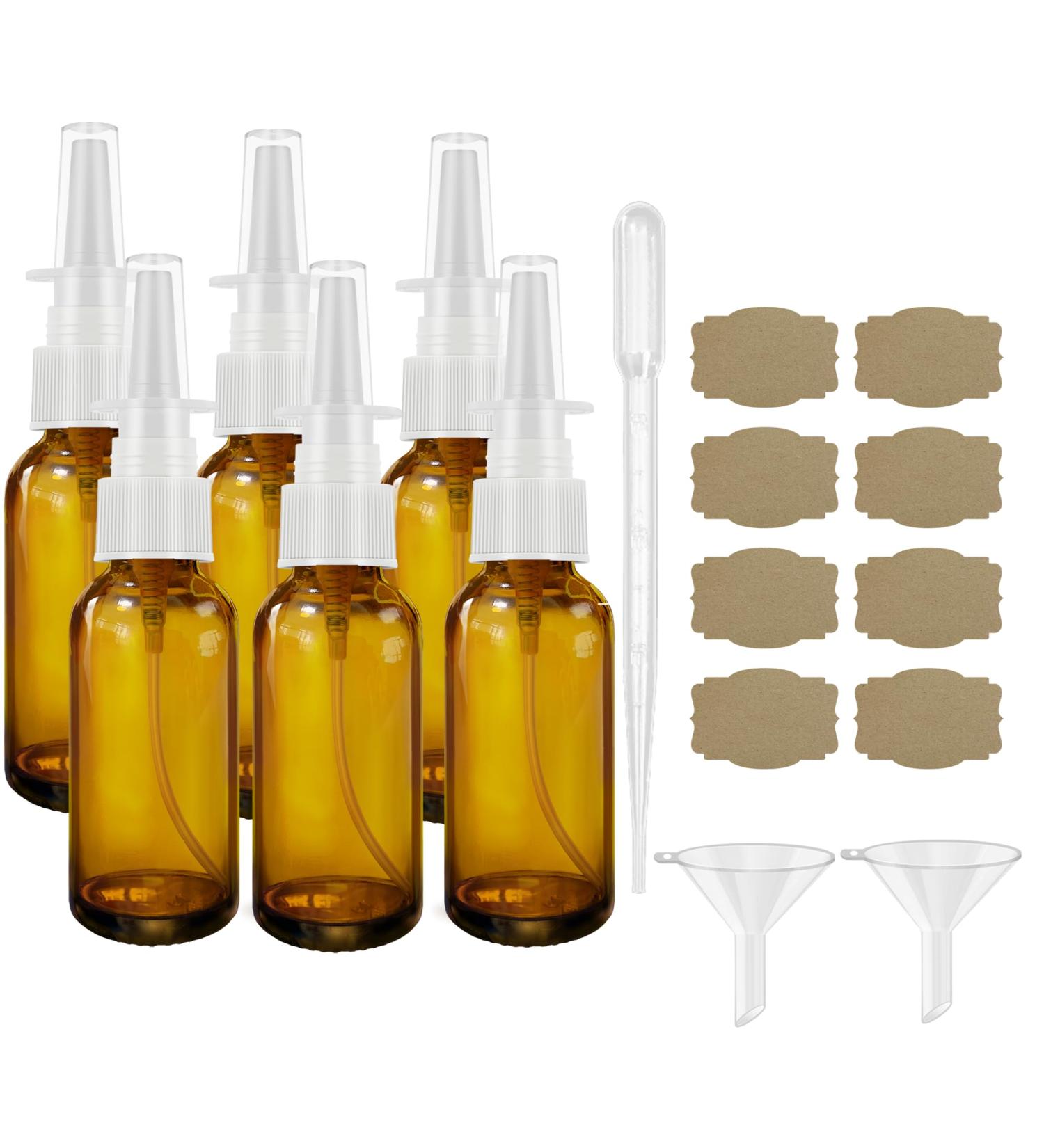 Buy 6Pcs Amber Glass Nasal Spray Bottles 1oz (30ml) - Includes Funnel Dropper & Labels - Refillable Fine Mist Spray for Convenient International Shipping - Buy Online on GoSupps.com