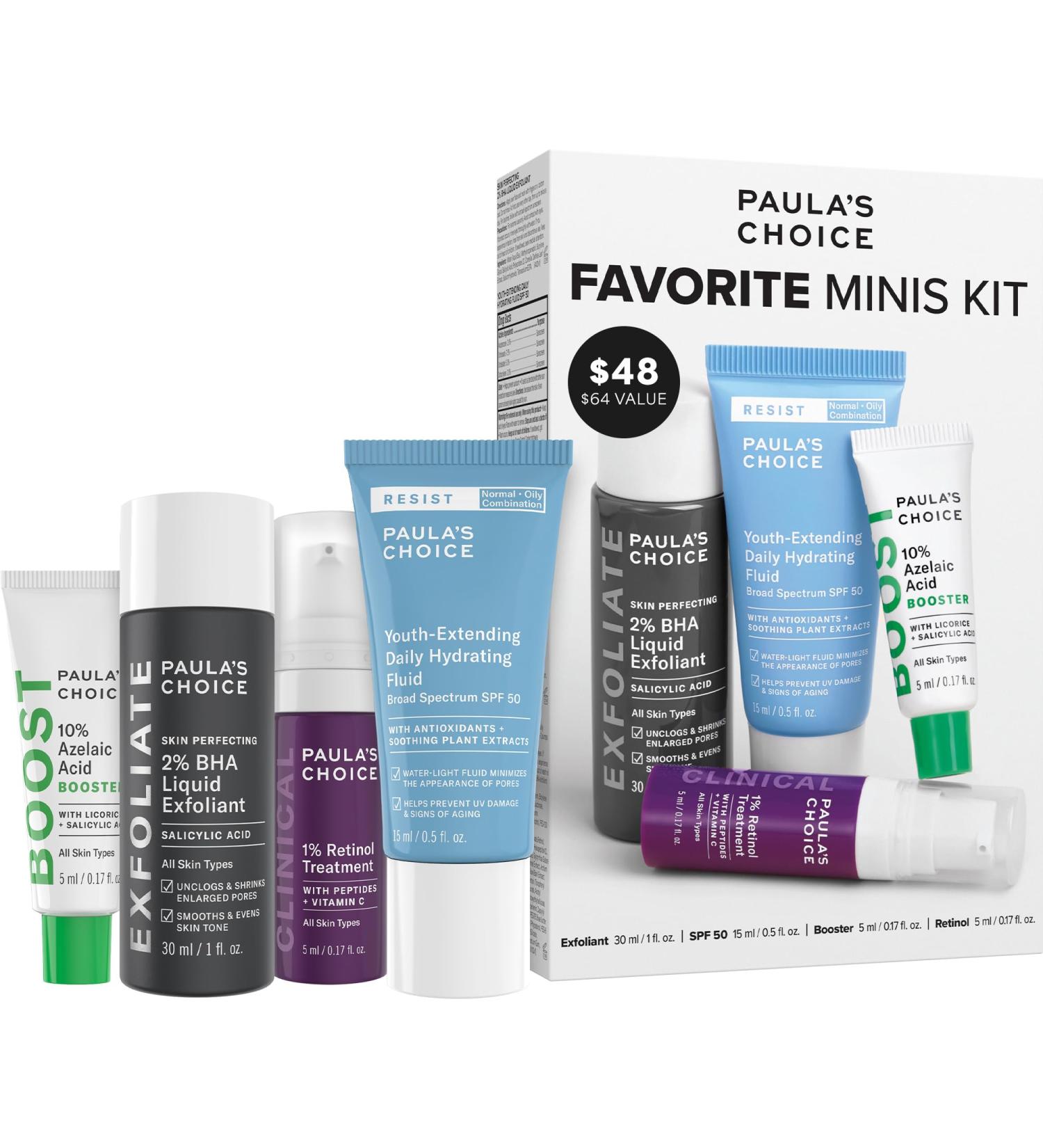 Paula's Choice Favorites Mini Kit 4 Piece Set Includes 2% BHA Exfoliant 1% Retinol Treatment 10% Azelaic Acid Booster Youth Extending SPF 50 Moisturizer Travel Skin Care Set for Glowing Skin - Buy Online on GoSupps.com
