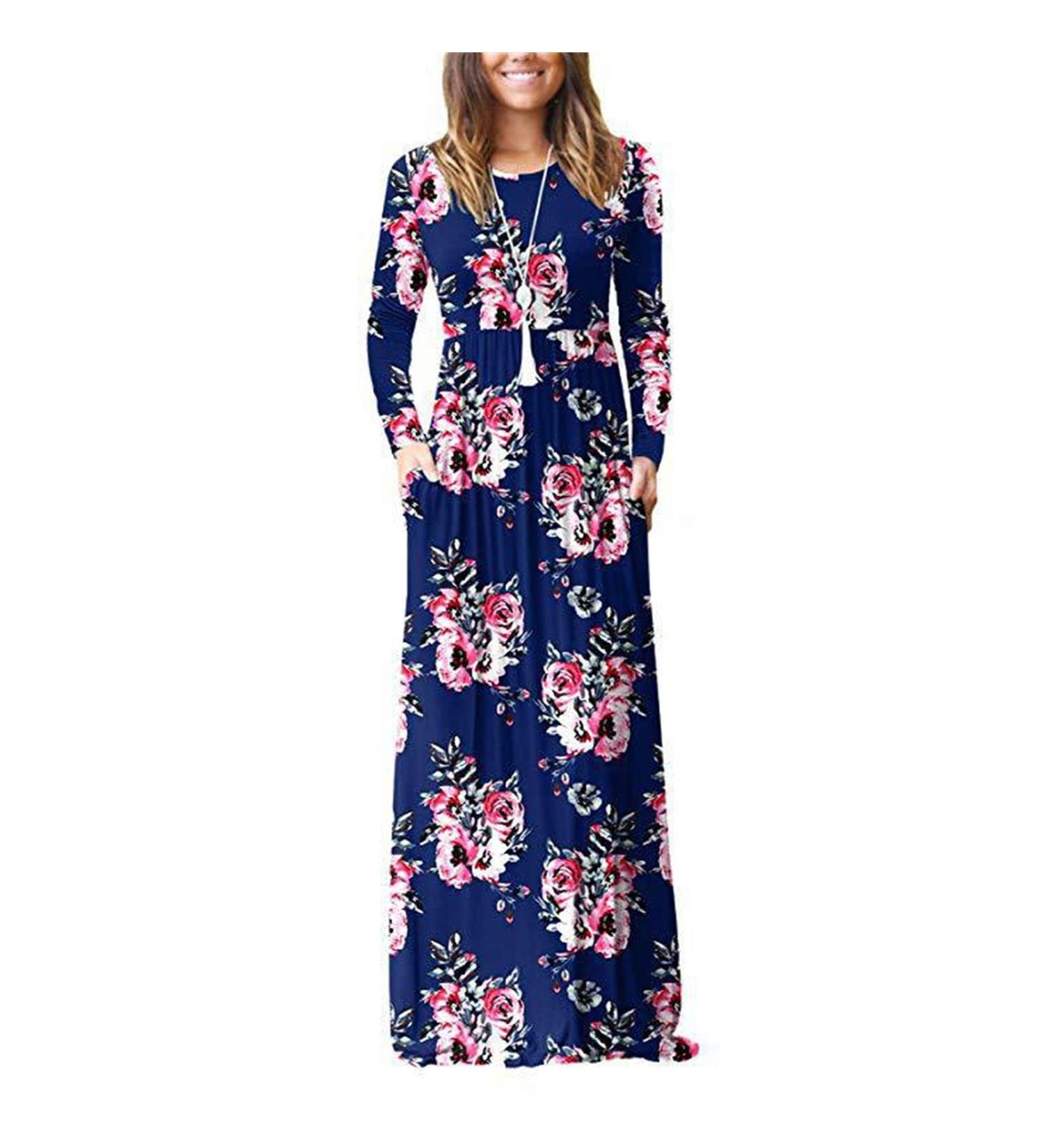 Shop Women's Casual Summer Maxi Dress - Long Sleeve U-Neck Loose Swing with Pockets Floor Length Beach Dress in 3XL Blue - Buy Online on GoSupps.com