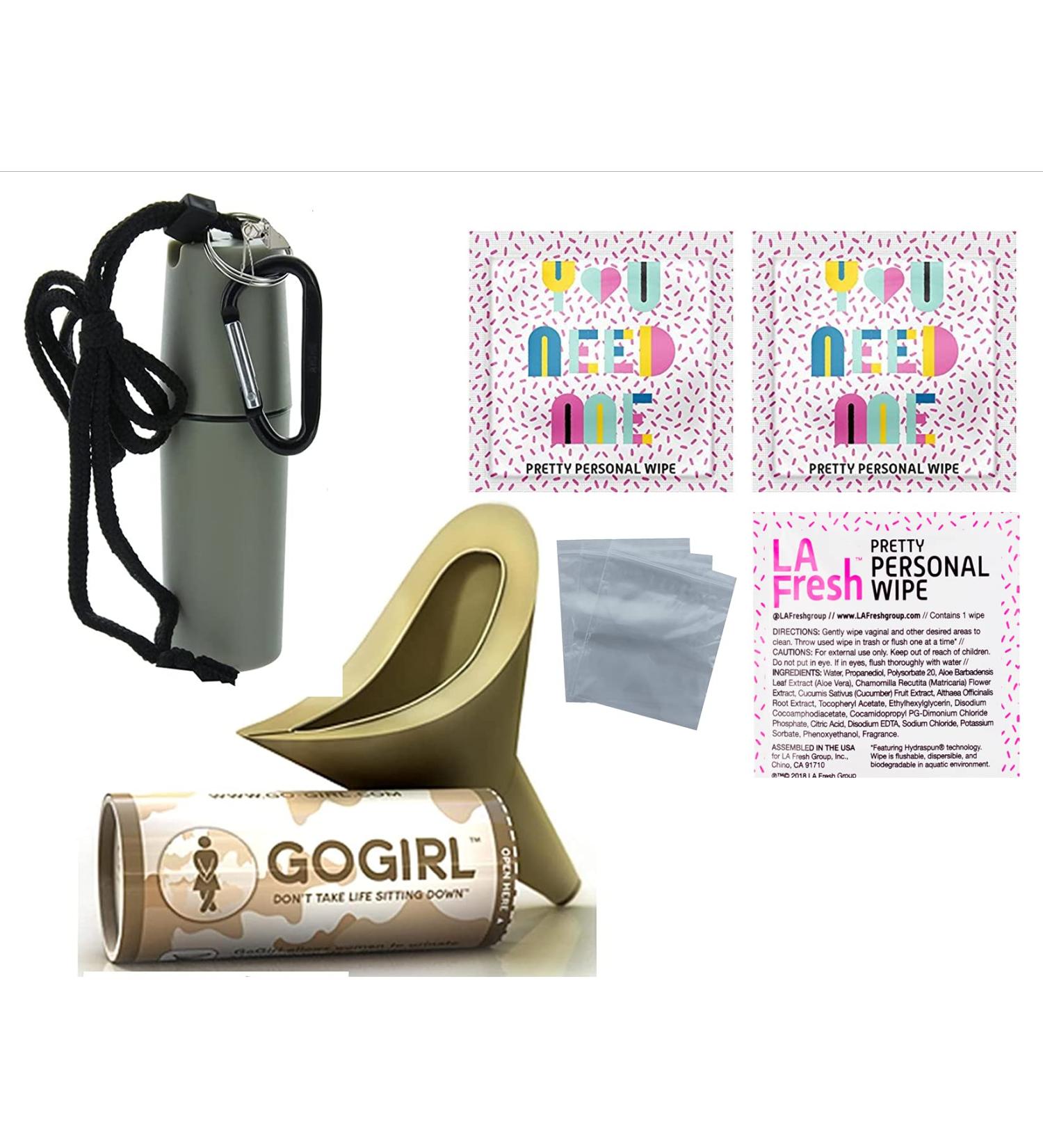 GoGirl Military Female Urination Device Set - Khaki w/ Waterproof Holder, LA Fresh Towlettes, Baggies & Carabiner - Buy Online on GoSupps.com
