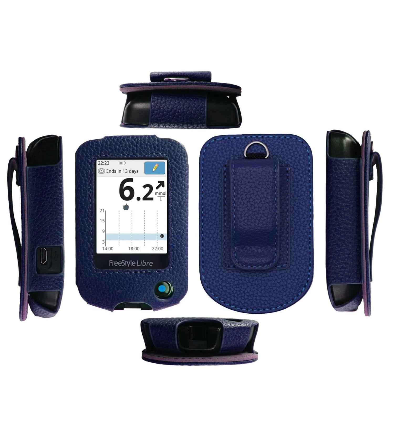 Premium Fitted Leather Case with Screen Protector & Belt Clip for Freestyle Libre 2/14 Day - Navy - Buy Online on GoSupps.com