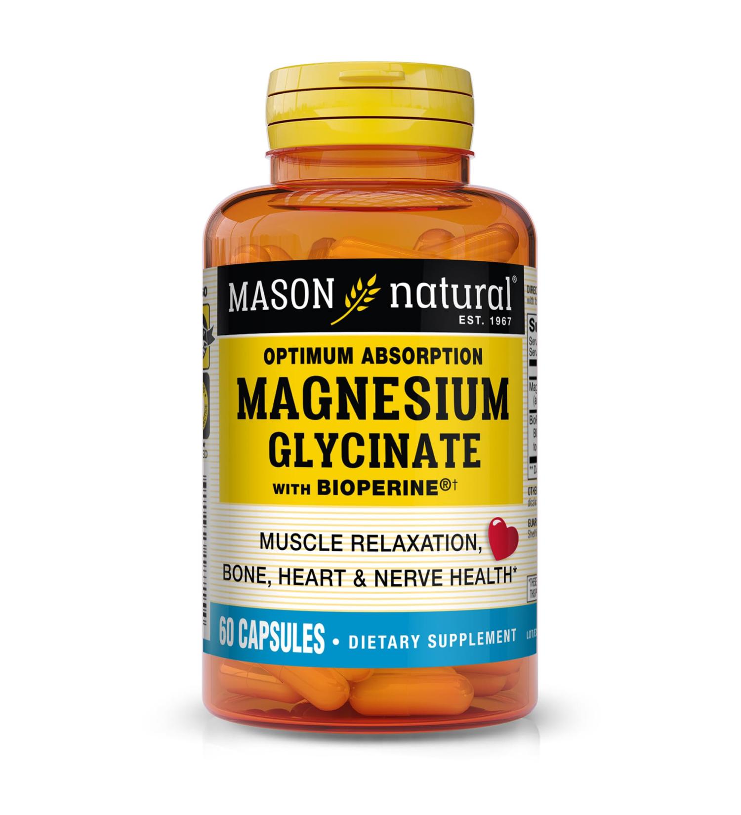 MASON NATURAL Optimum Absorption Magnesium Glycinate with Bioperine 240 mg 60 Capsules Gentle on Stomach Soy Free - Buy Online on GoSupps.com