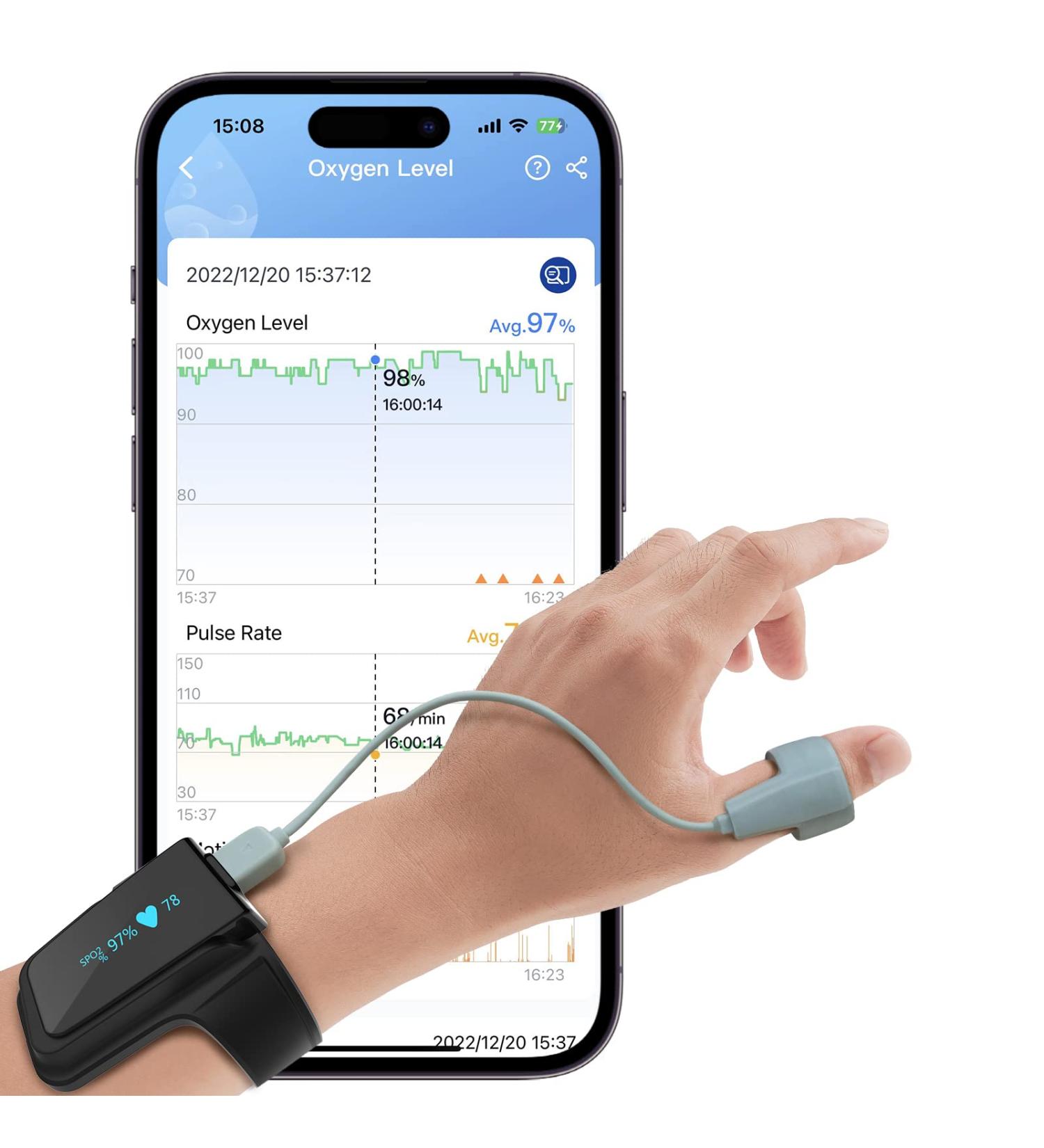 Viatom Bluetooth Pulse Oximeter - 72 Hour Battery Continuous Blood Oxygen Monitoring Portable Sleep Monitor & Professional App - Buy Online on GoSupps.com