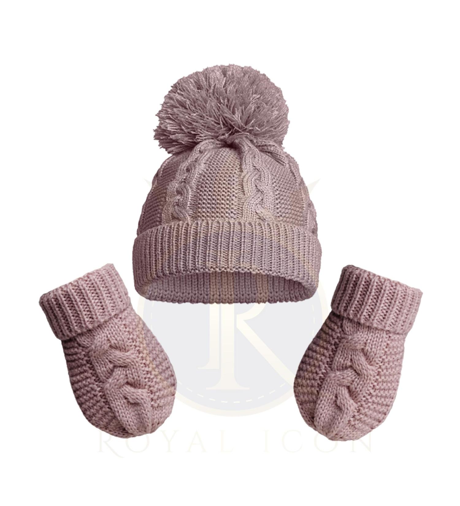 Royal Icon Baby Knitted Pom Pom Hat with Mittens Baby Boys Girls Winter Hat Mittens Set Cable Knit Single Pom Pom Bubble Hat Colours Available NB-12 Months RI6512 0-12 Months Dusty Pink - Ri800
