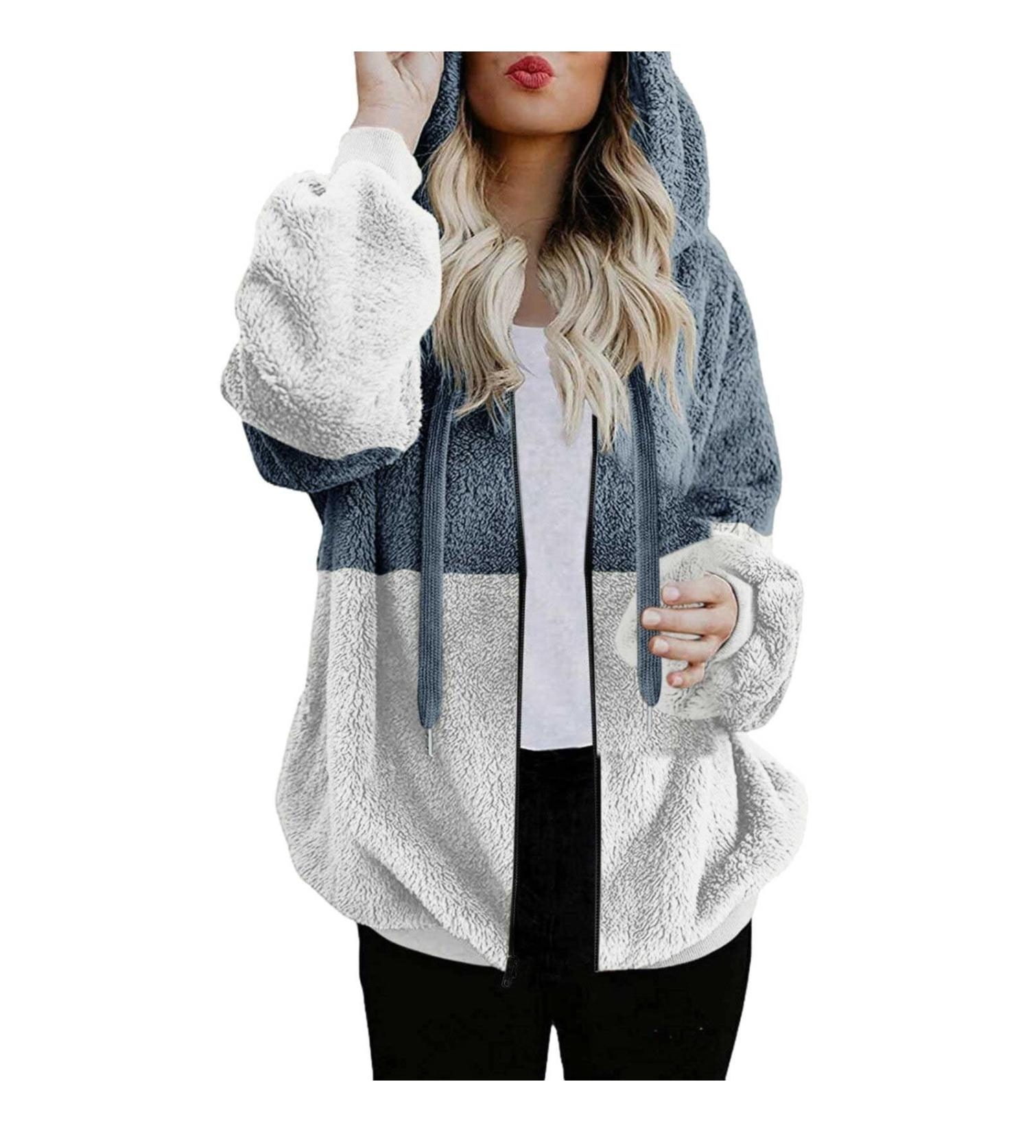 Hanxiulin Oversized Plush Jacket for Women - Warm Fleecemantel Hooded Cardigan & Cozy Winter Trench Coat in Blue - Perfect for Cold Weather - Buy Online on GoSupps.com
