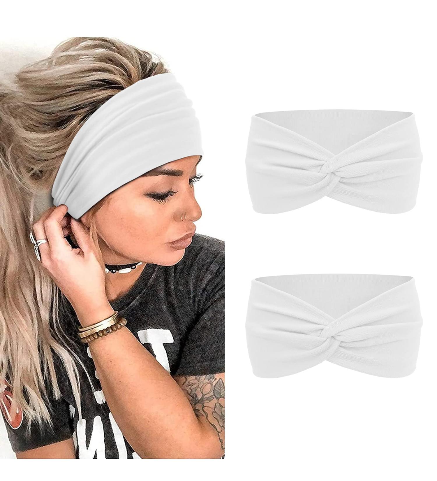 Non Slip White Headbands for Women - Set of 2 Wide Stretch Workout Headbands for Yoga, Running & Sports - Breathable & Stylish Hair Accessories - Buy Online on GoSupps.com