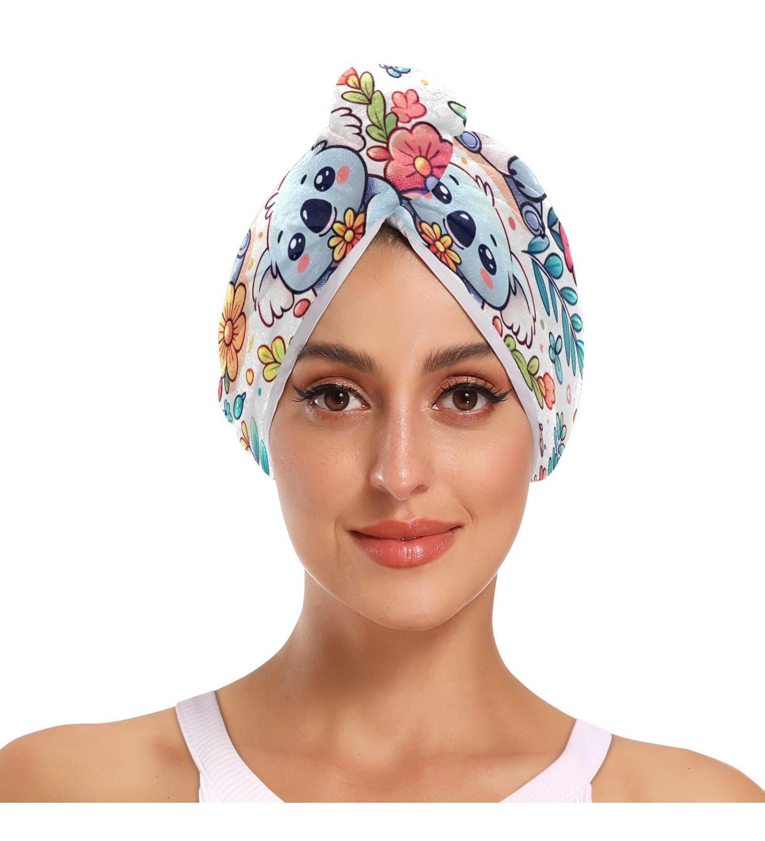 Buy Cartoon Animal Koala Flowers Hair Towel 2 Pack - Super Absorbent Quick Dry Hair Turbans for Women & Girls - International Shipping Available - Buy Online on GoSupps.com