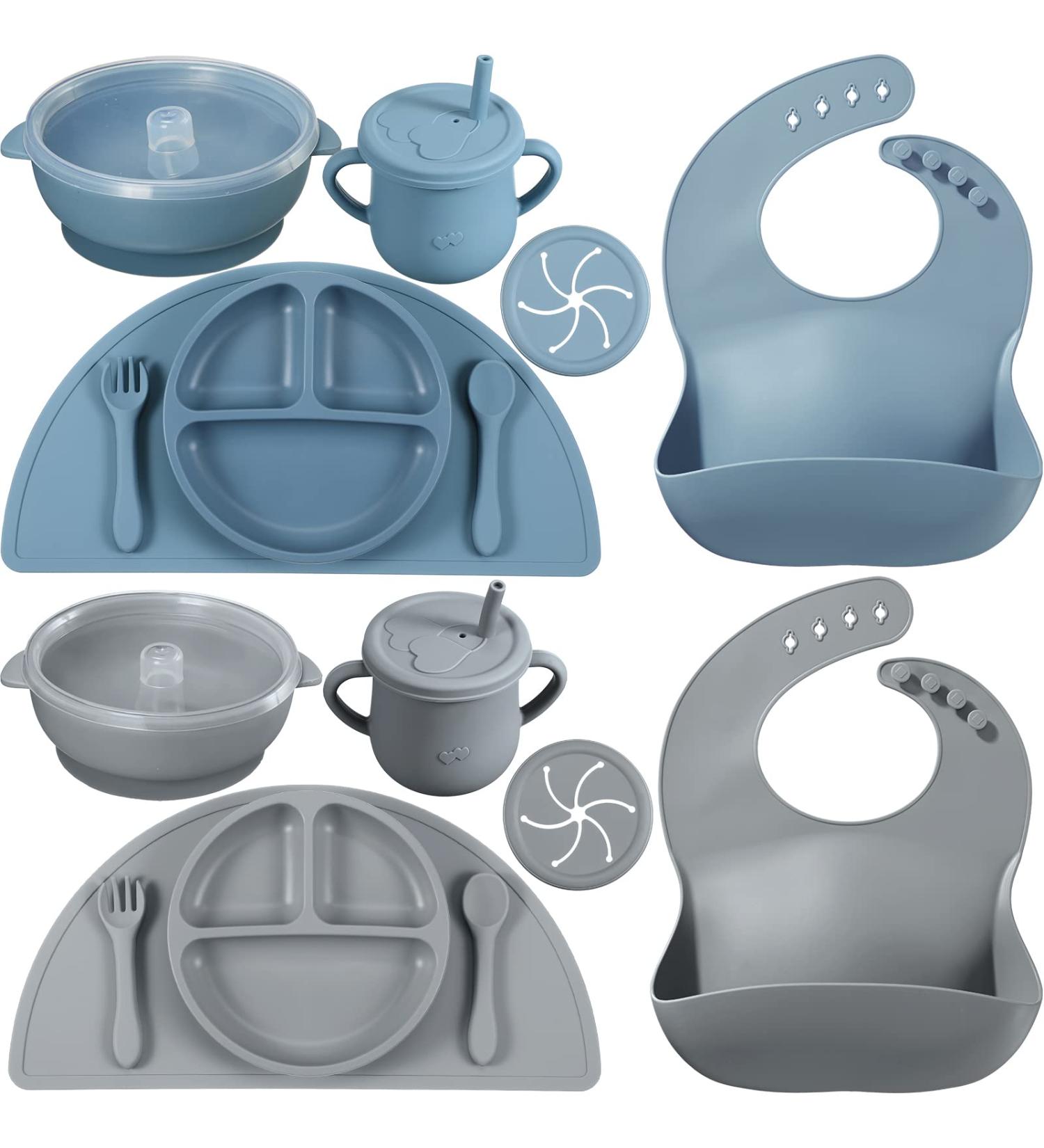 Mimorou 16 Pack Baby Feeding Set - Silicone Suction Plates, Bibs, Placemat, Spoons, Forks & Cups for Baby Led Weaning and Toddler Eating - Buy Online on GoSupps.com