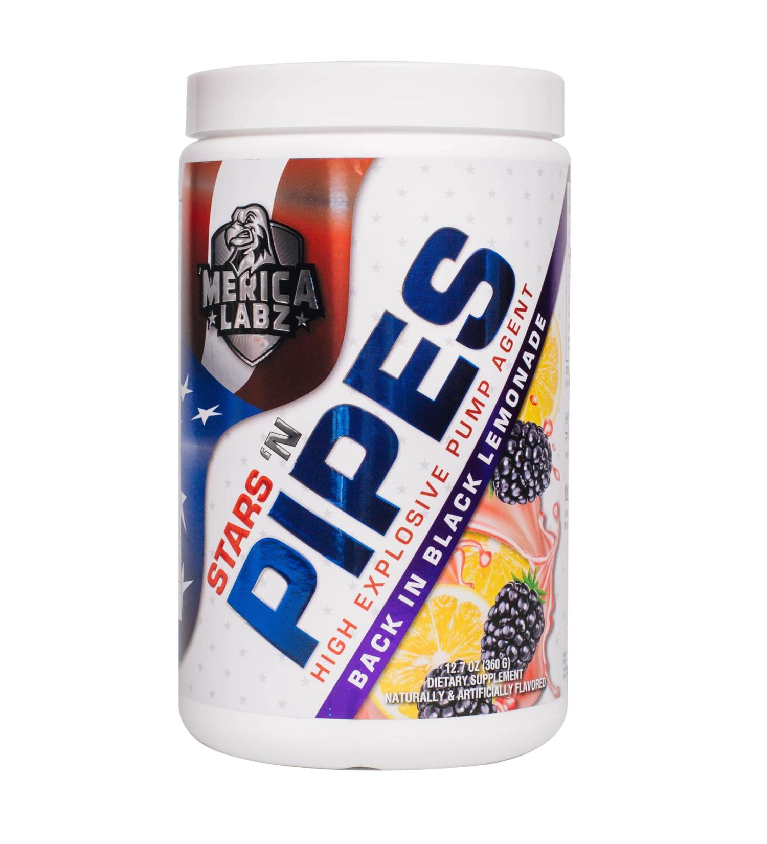 Merica Labz Stars 'N Pipes High Explosive Pump Agent Stimulant-Free 6G of L-Citrulline 20 Servings (Back in Black Lemonade)