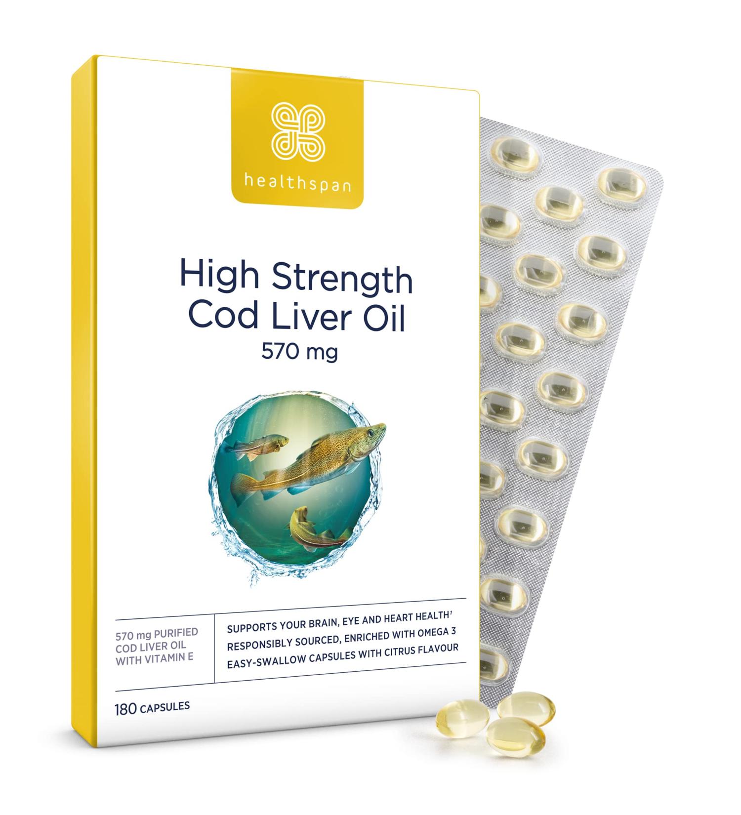 Healthspan Cod Liver Oil 570mg | Support Your Brain Heart Eyes & Bones | 150mg Omega 3 Fatty acids per Capsule (180 Capsules) 180 Count (Pack of 1) - Buy Online on GoSupps.com