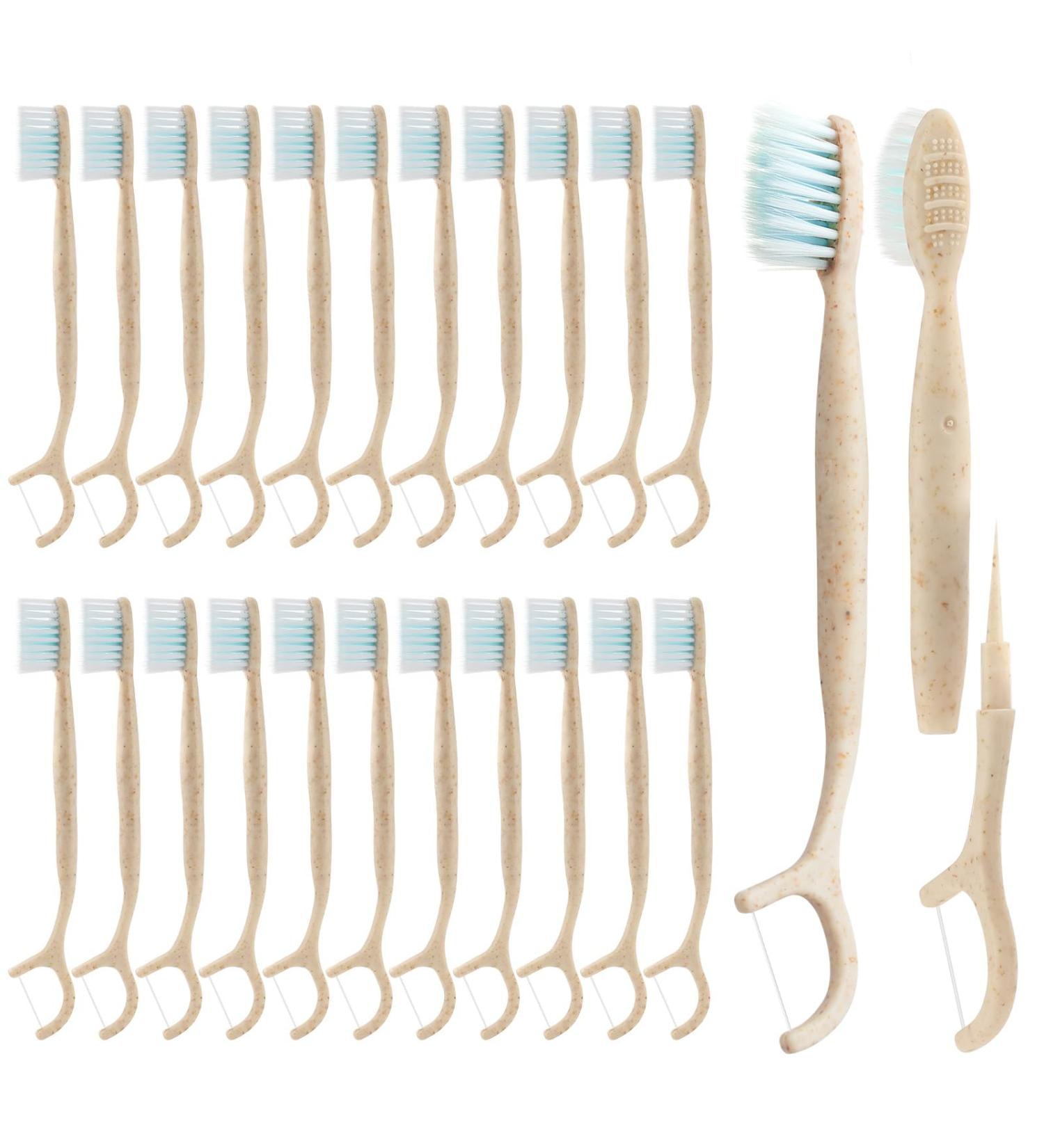 Travel Toothbrush & Dental Floss Picks - Biodegradable Eco-Friendly 4-in-1 Disposable Toothbrushes with Tongue Scraper for Adults & Kids - 40 Pack - Buy Online on GoSupps.com